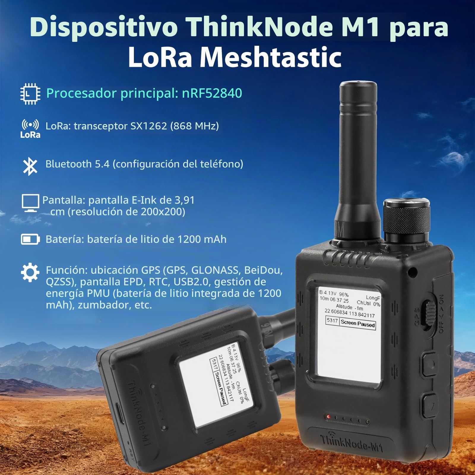 ELECROW LoRa Meshtastic Transceptor con GPS y nRF52840 - ThinkNode M1 con pantalla EPD de 1.54 pulgadas y funda, módulo inalámbrico SX1262 915MHz, batería de 1200mAh para Meshtastic