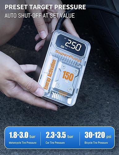 Miniatura 5 de Inflador de neumáticos, compresor de aire portátil, luz LED y función de apagado automático, bomba de aire inalámbrica 5 veces más rápida de 150 PSI