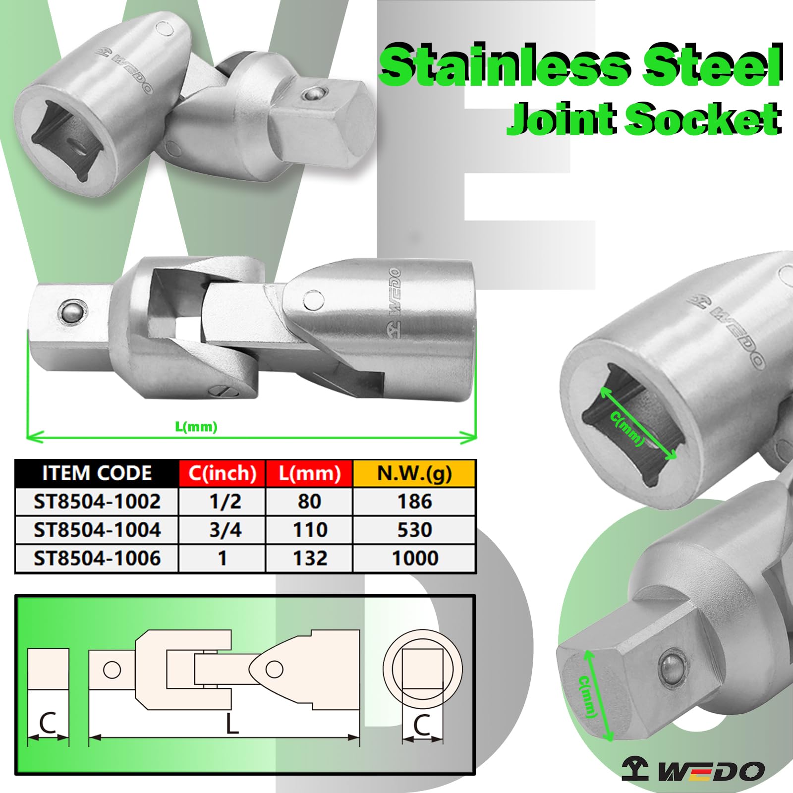 WEDO Joint universel en acier inoxydable, résistant à la corrosion, antirouille, durable, respectueux de l'environnement, 1,9 cm, longueur 110 mm