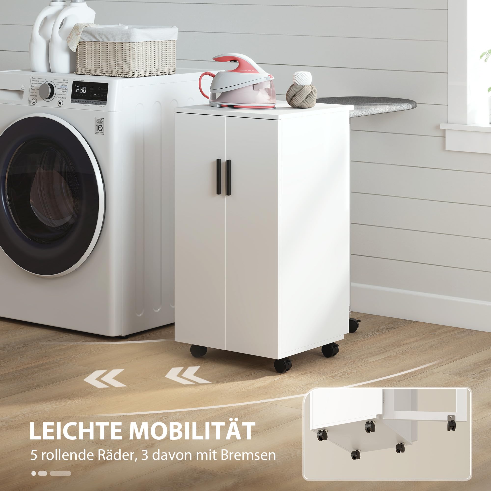 HOMCOM Faltbarer Bügelbrettschrank mit 2 Türen 99,5 x 43 x 83 cm Weiß | Verstellbare Regale, Klappbarer Bügeltisch, Rollen, Aufbewahrung, Soft-Close-Scharniere, für Waschküche