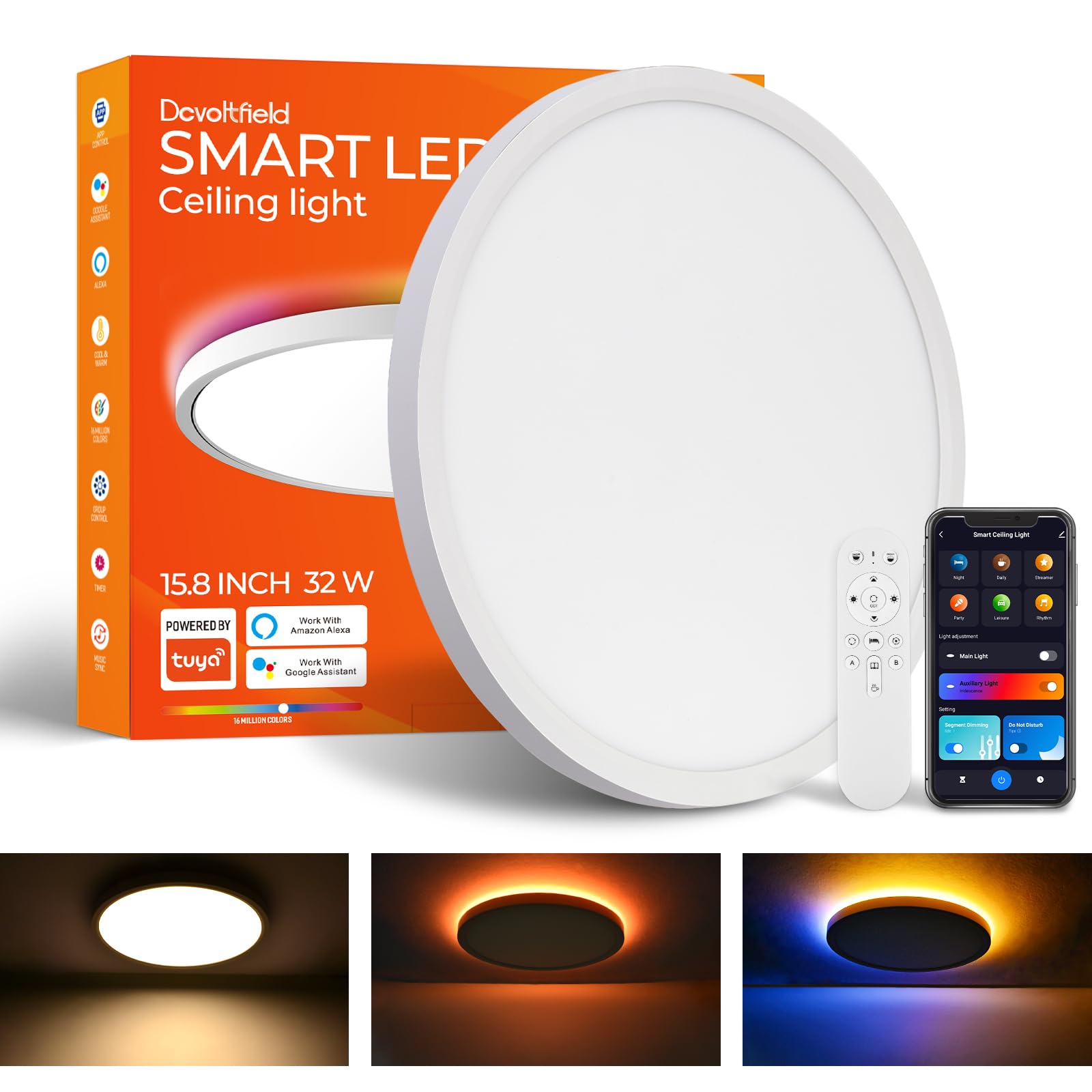 1 Pack Smart RGB Ceiling Light with Remote, 32W 3200LM, 15.8 Inch LED Flush Mount Ceiling Light Works with Alexa Google Home, Dimmable&2700K-6500K,