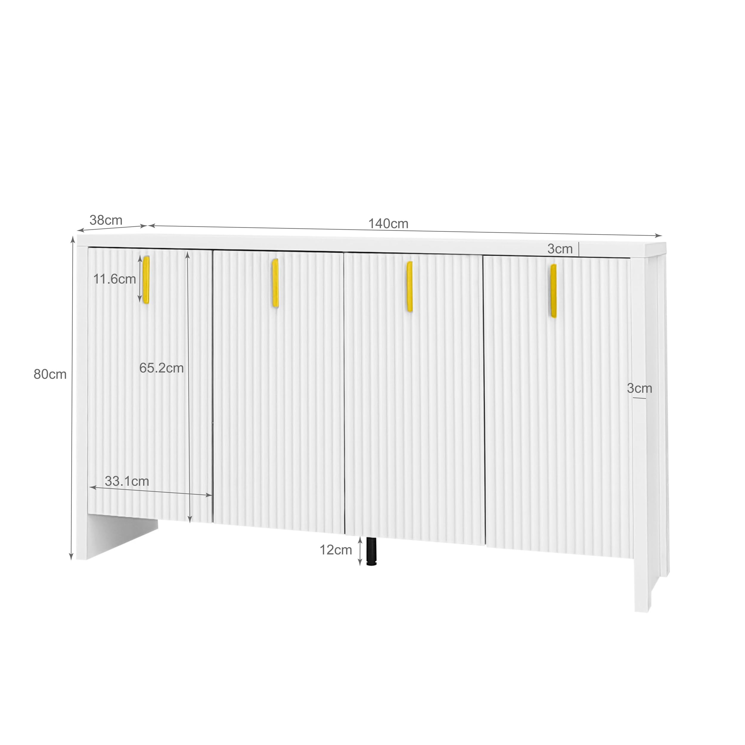 Modernes Sideboard mit gerillter Front und eleganten Metallgriffen – Aufbewahrungsschrank für Flur, Wohnzimmer oder Esszimmer – geräumige Fächer mit höhenverstellbaren Einlegeböden (Weiß)