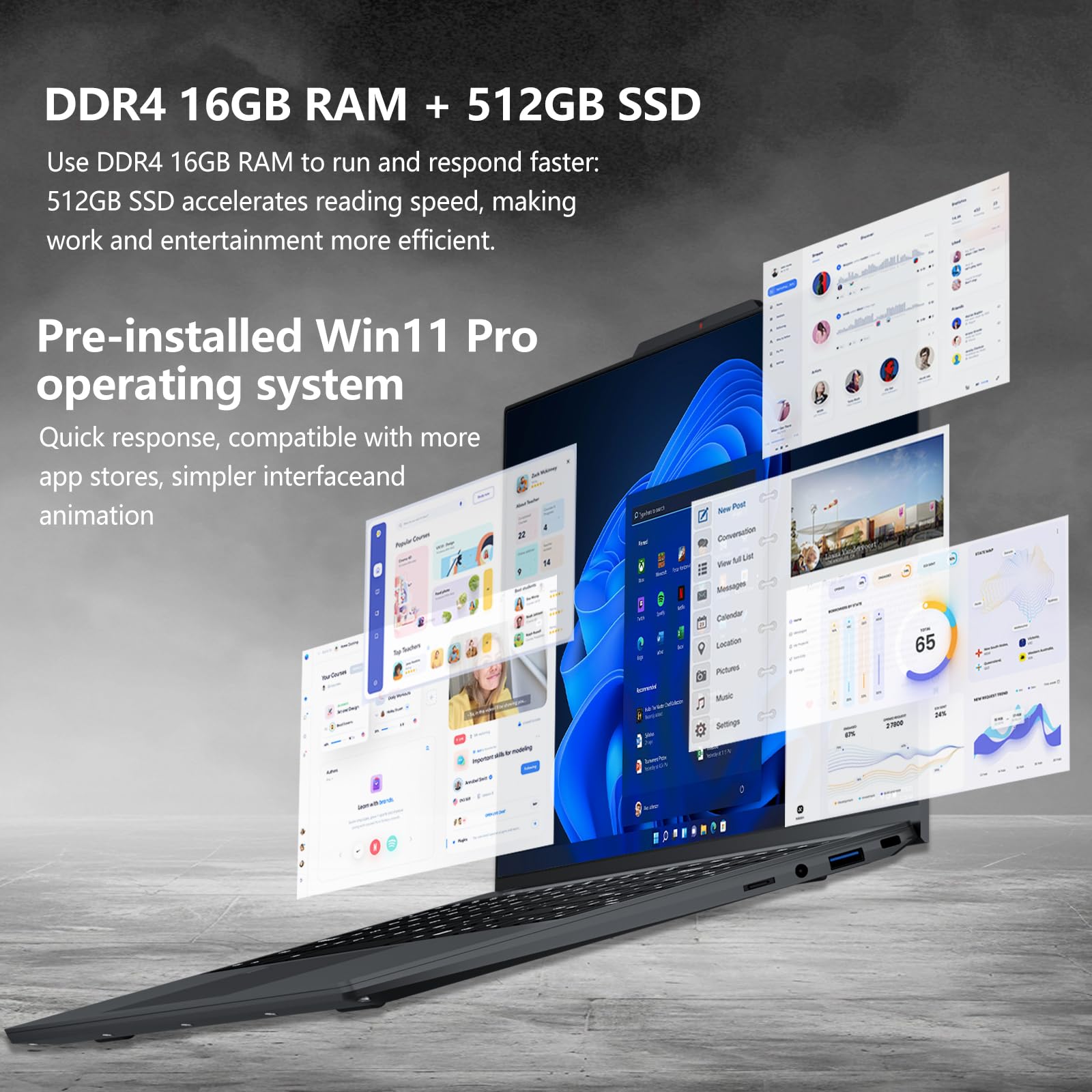 15,6 Pouces Ordinateur Portable, Win 11 PC Portable 16Go RAM DDR4 512Go SSD, CPU Twin Lake-N150, Clavier Rétro-éclairé+Déverrouillage Empreinte, Laptop1080P Écran, WiFi5+Mini-HDMI+USB3.0+BT4.2+Webcam
