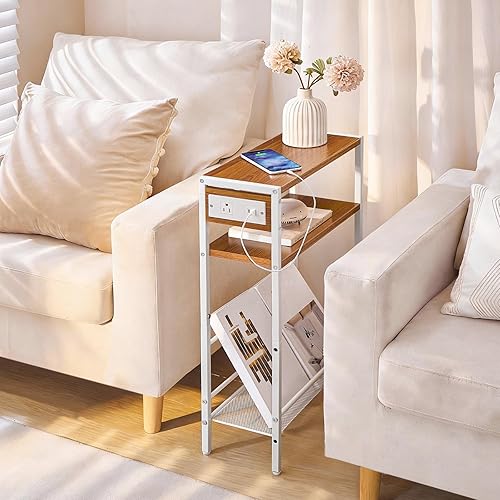 Miniatura 36 de HOOBRO Mesa auxiliar pequeña y estrecha con estación de carga, juego de 2, mesa auxiliar delgada para espacios pequeños, mesita de noche delgada con