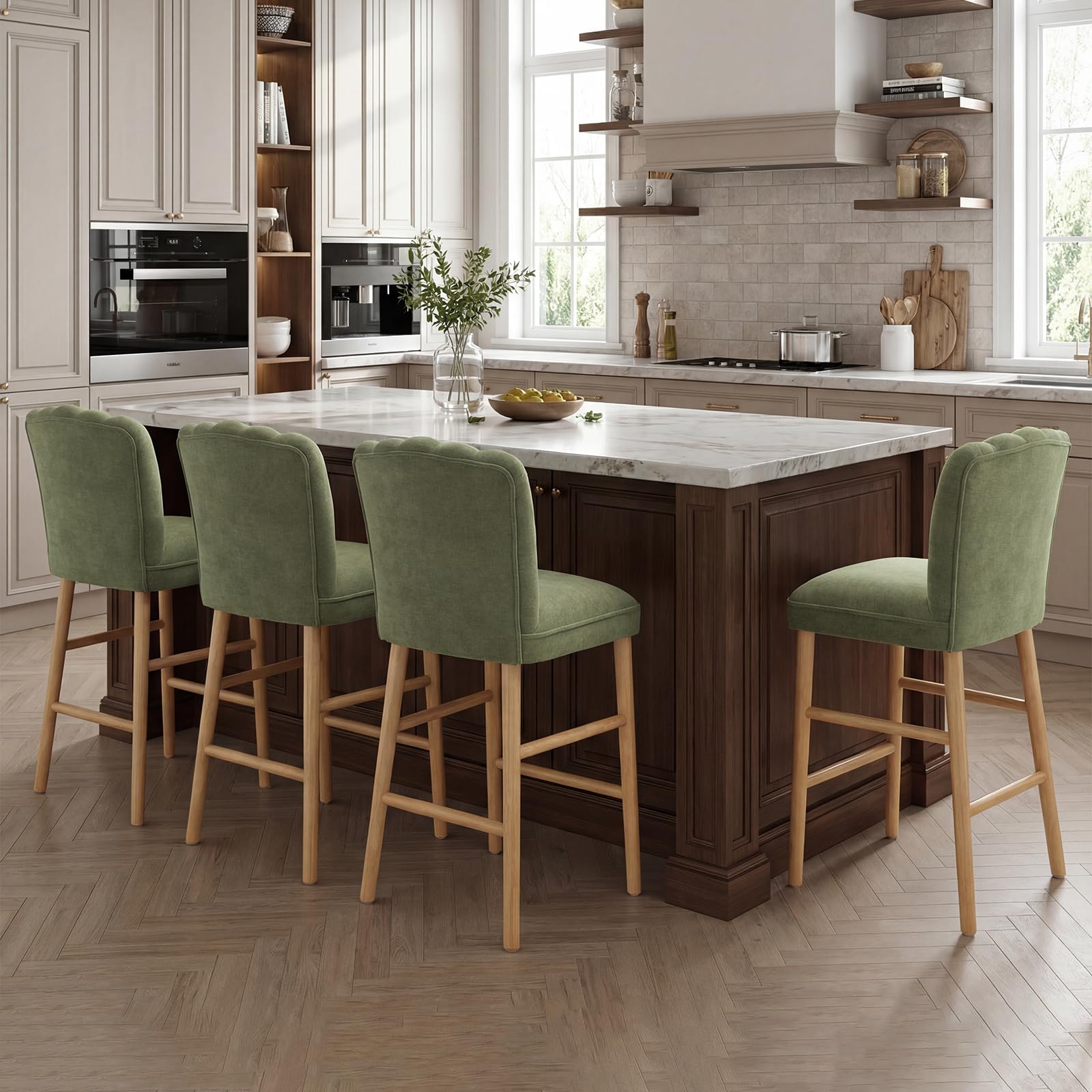 chairus Juego de 4 Taburete de Bar con Patas de Madera Sillas para Isla de Cocina de Diseño Nórdico, Taburetes Altos Acolchados con Respaldo de Pétalo para Comedor/Cafetería, Verde