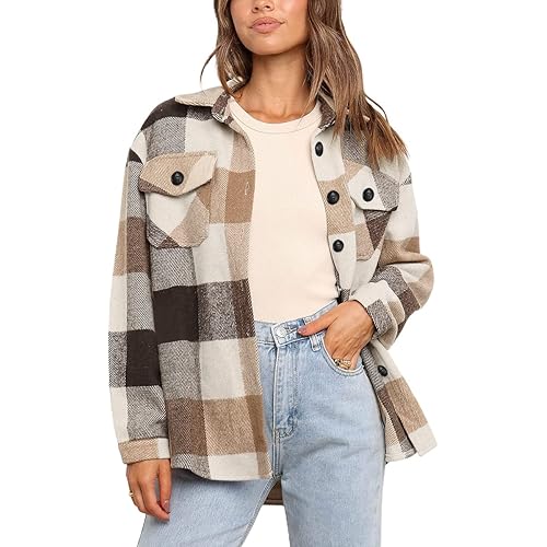 AUTOMET Womens Casual Plaid Shacket Button Down Long Sleeve Shirt