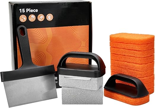 Griddle Cleaning Kit for Blackstone, 15-Pieces Flat Top Grill Accessories Cleaner Tool Set - Scraper, Cleaning Brick, Scouring Pads, and Cleaning Handles, Easy Cleaning on Hot or Cold Surfaces