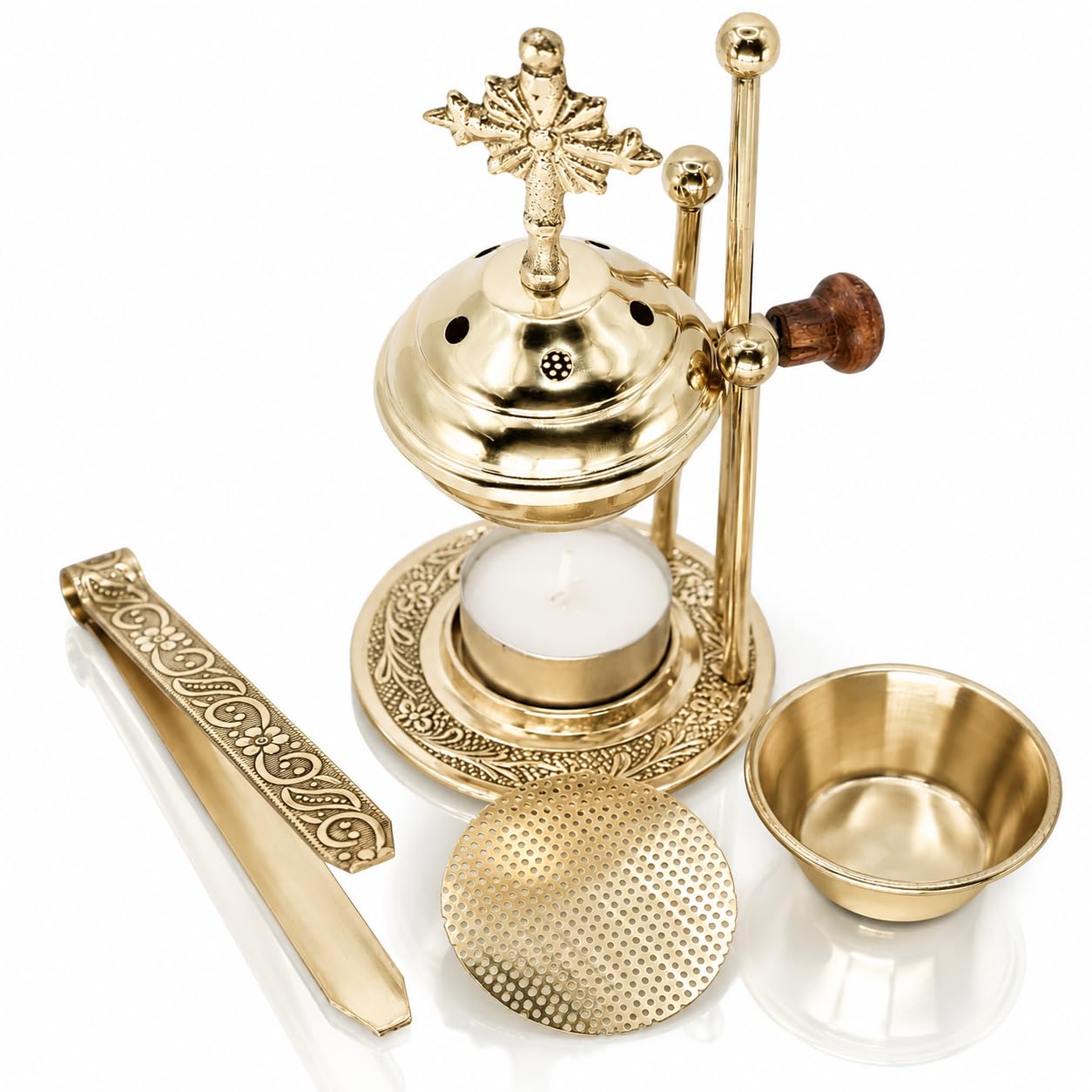 Weihrauchbrenner Messing Gold mit Kreuz – Räucherstövchen mit Teelicht ohne Kohle, Sieb, Zange & Schale – für Weihrauch, Harze und ätherische Öle – christliches Geschenk