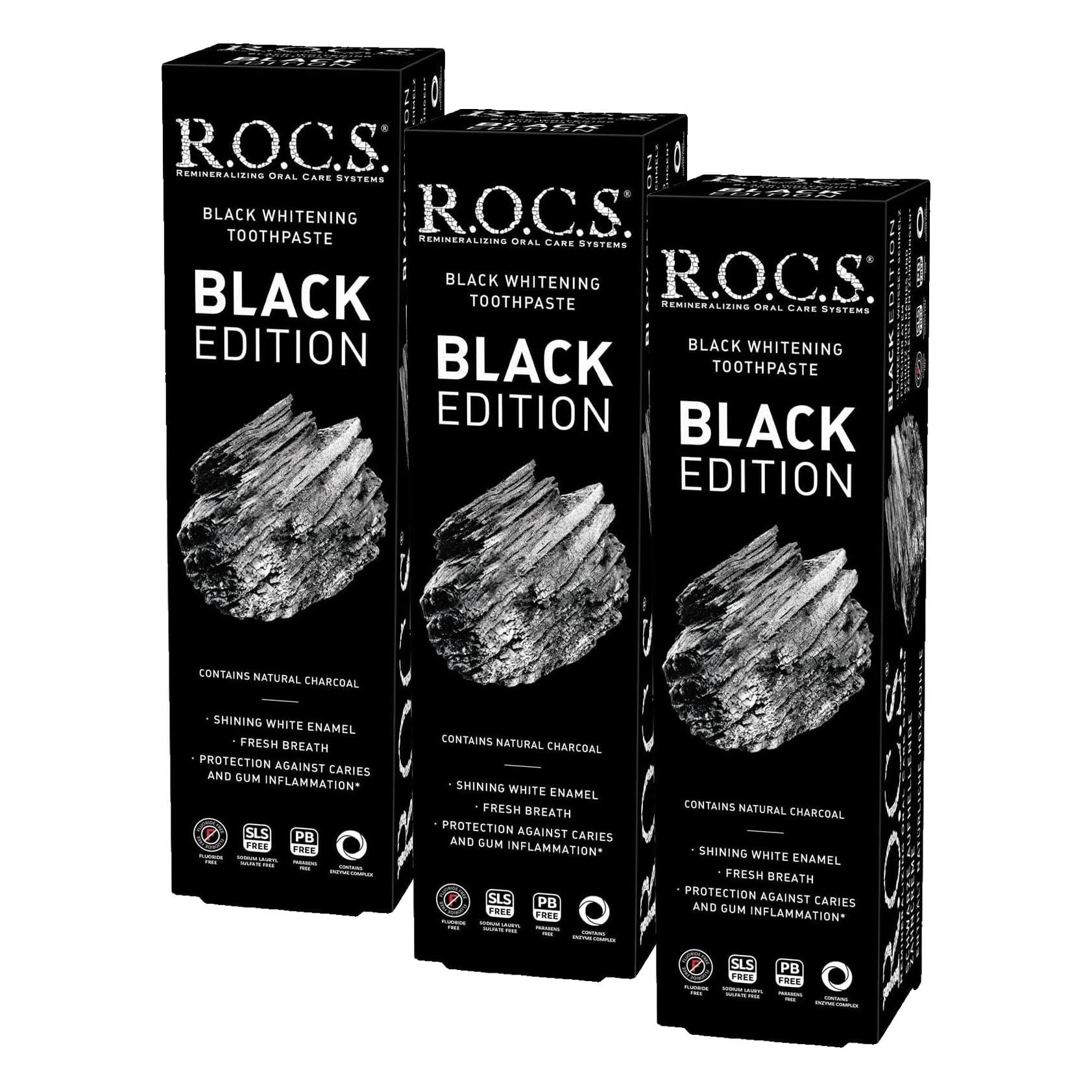 R.O.C.S. Black Edition Kömür Özlü Beyazlatıcı Diş Macunu (1 x 74 g) (3 paketi)