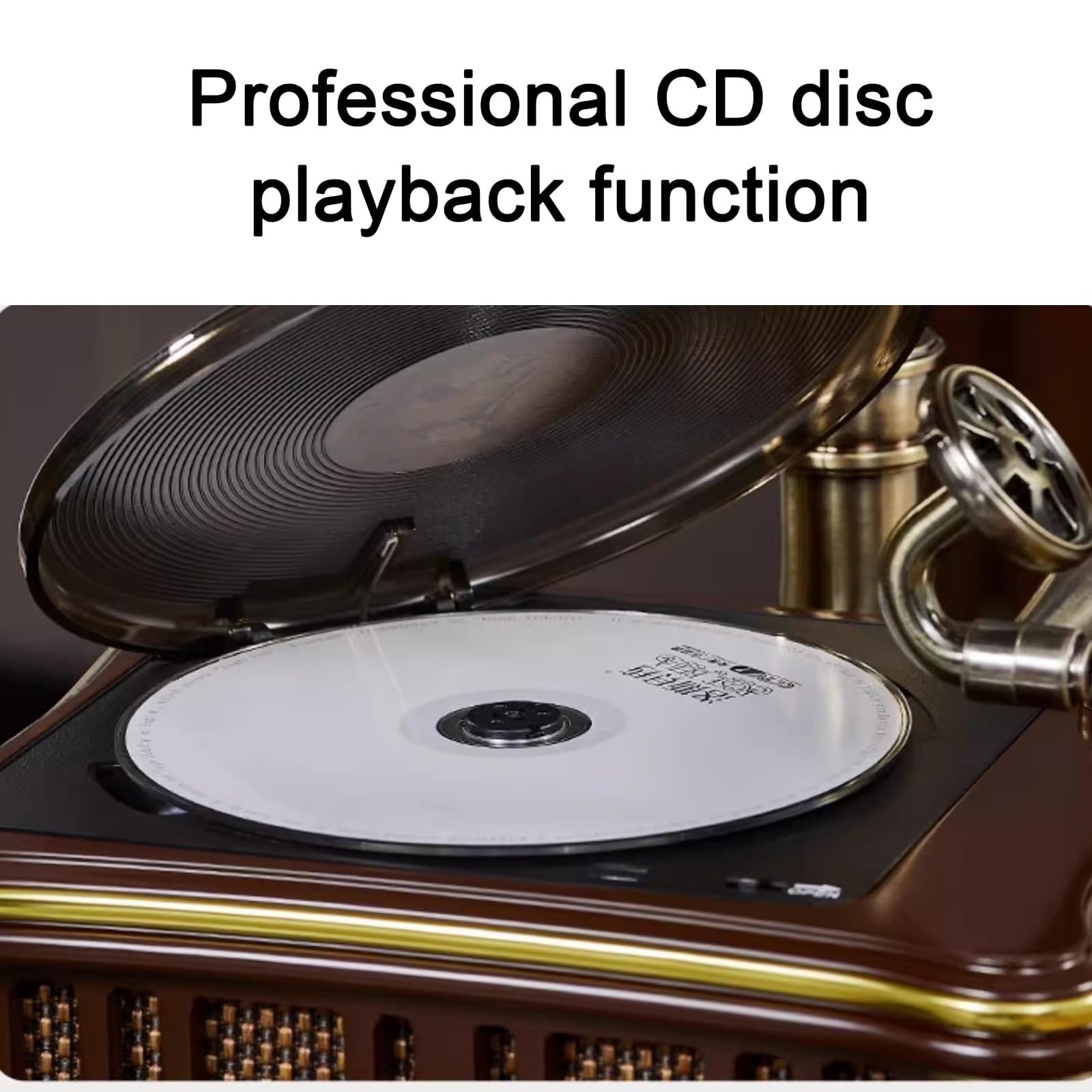 Retro fonografo lettore CD con Bluetooth, ricarica USB, radio FM e doppio altoparlante per gli appassionati di musica vintage