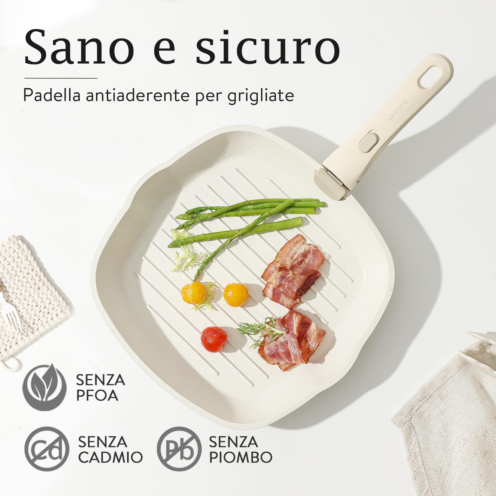 CAROTE Set di Padelle con manici amovibili 6 Pezzi,Set Padelle Antiaderenti,Padella 22/26cm,Casseruola 22cm con Coperchi,Grill Bistecchiera 26cm,impilabile,salvaspazio per Induzione,Gas e Forno