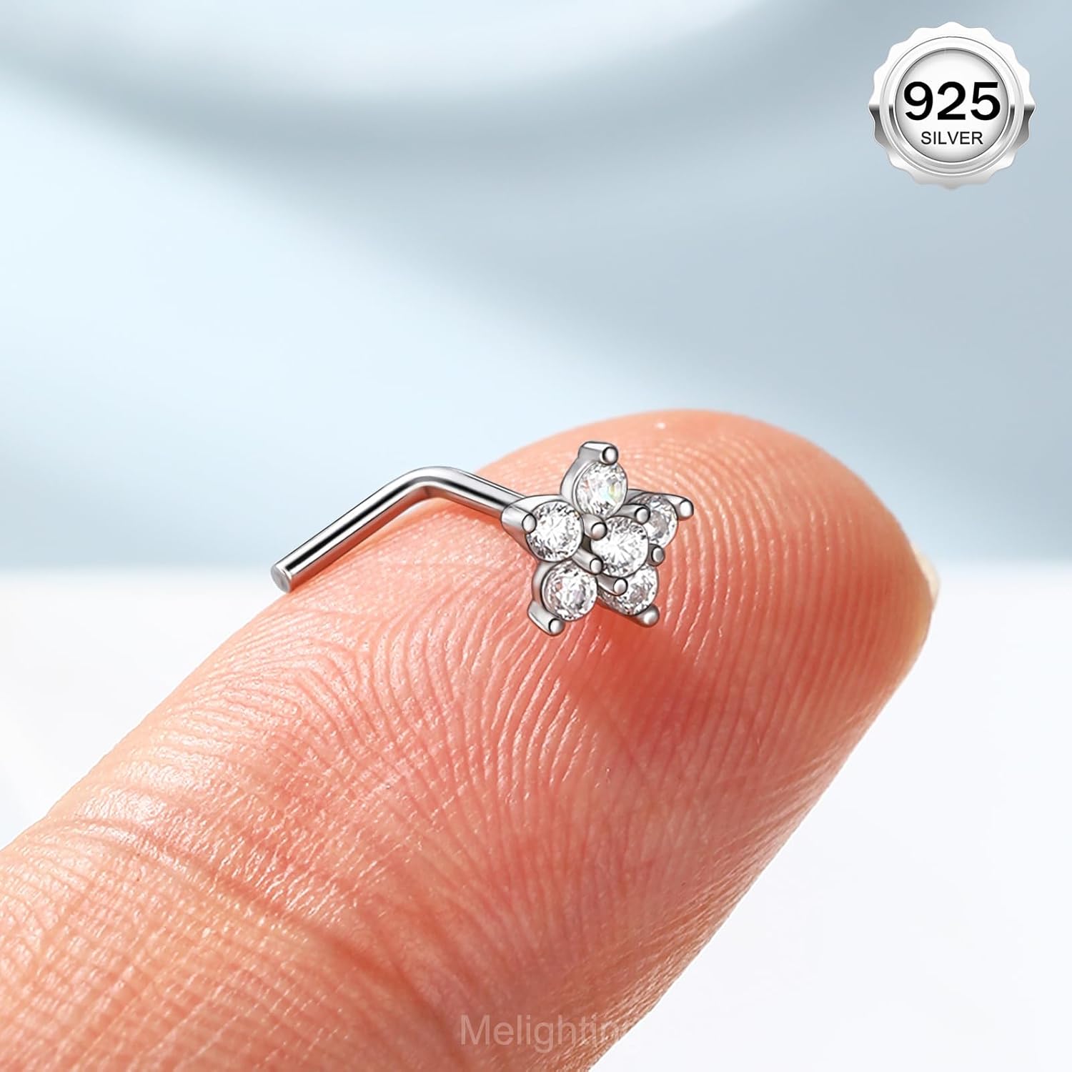 MeIighting Sterling Silver 925 Nose Stud 20G Nose Ring S-Shaped Nostril Piercing Clear CZ 7mm Nose Piercing Jewelry Body Jewelry for Women - Image 2