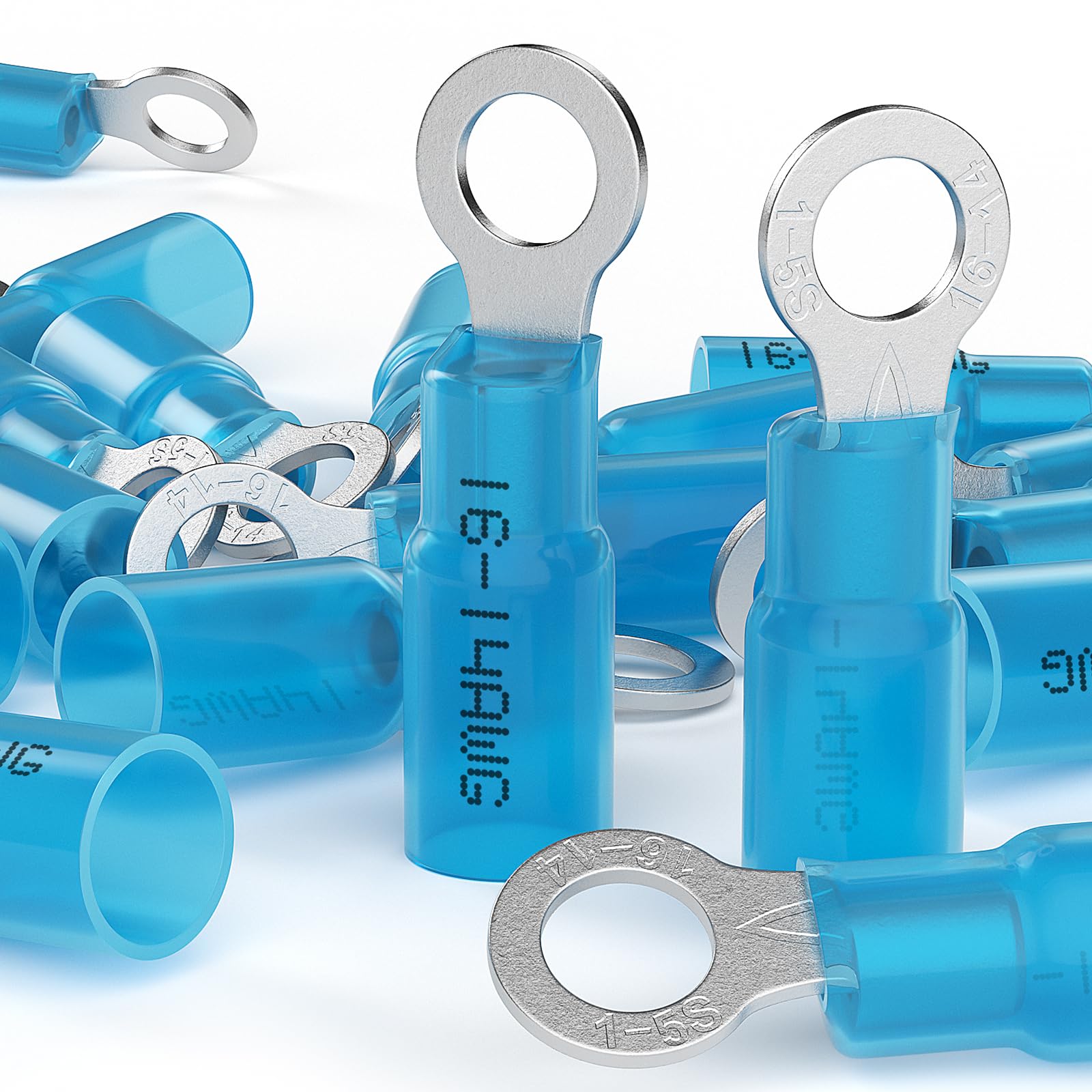 AIRIC 16-14 AWG - #10 Heat Shrink Ring Terminals, Copper Terminal Connector Ends, Battery Cable End Lugs, Blue Insulated Electrical Crimp Wiring Connectors, Wire Lug for 16, 14 Gauge Wires, 100 PCS
