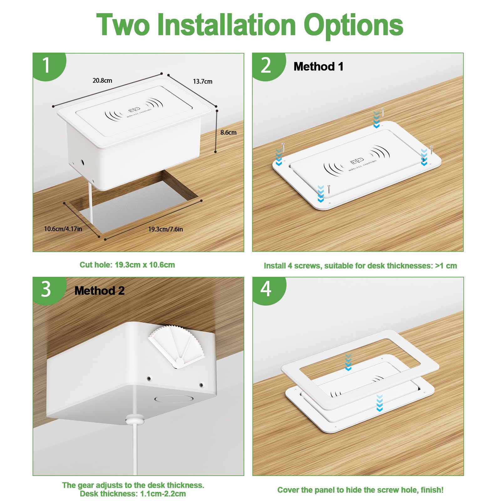 Prise Encastrable Plan de Travail avec USB C PD 20 W et 15 W - Chargeur sans Fil, Multiprise Encastrable Plan de Travail USB C pour Table de Canapé, Maison Bureau - Câble de 1,8 m, Blanc