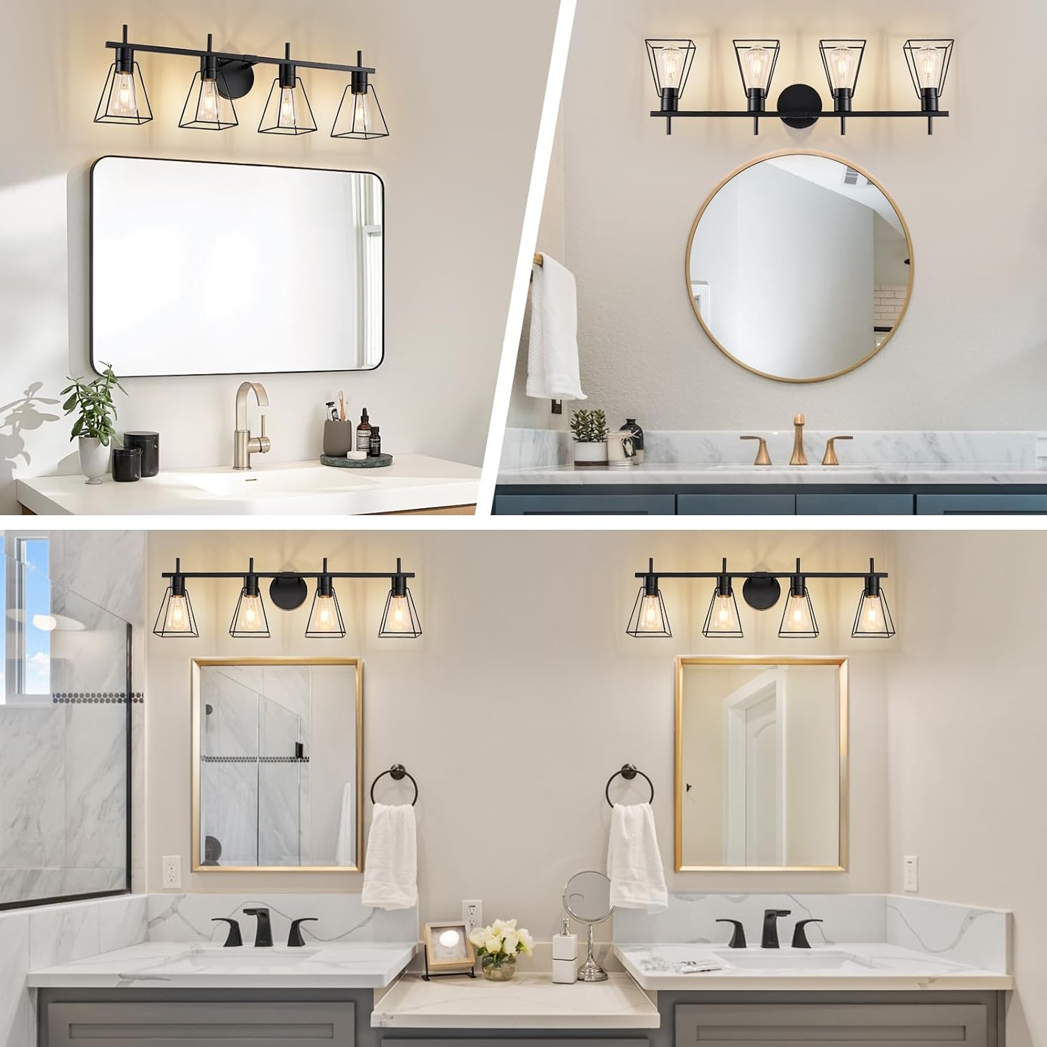 Farmhouse Bathroom Vanity Light Fixtures Over Mirror, Matte Black 4-Light Wall Sconce with Metal Cage, E26 Socket (Bulbs Not Included)