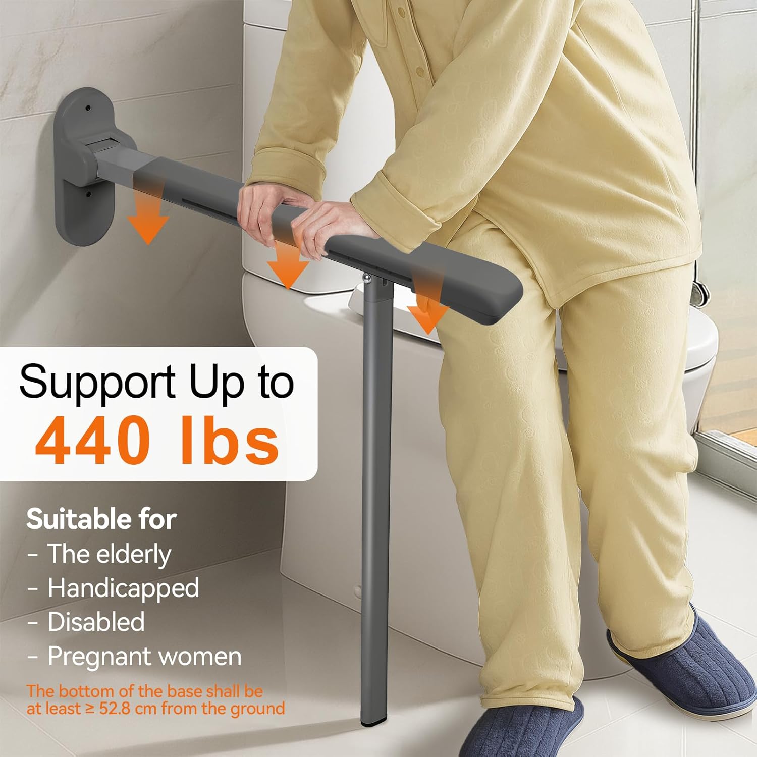 SPECILITE Heavy Duty Toilet Grab Bar - 440lb Sturdy Support, Safety Rails with Non-Slip Waterproof handrail & Night Glow Strips, Space Saving Flip-Up Design for Elderly, Disabled, Pregnant(Grey)