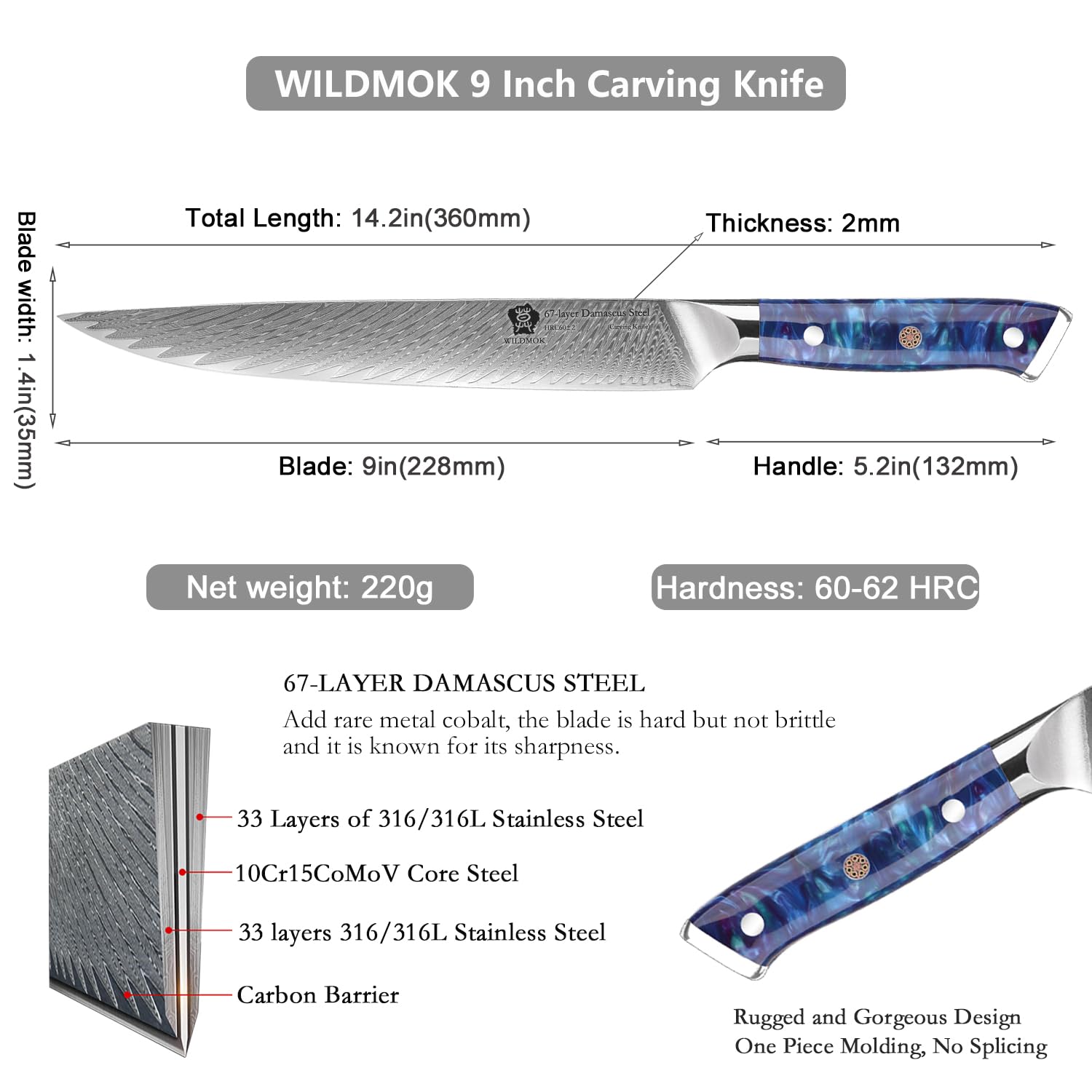 WILDMOK Cuchillo de trinchar Damasco, cuchillo de carne profesional afilado de 22cm, cuchillo de cocina multifuncional hecho de acero japonés Super VG10 con mango de espiga completa