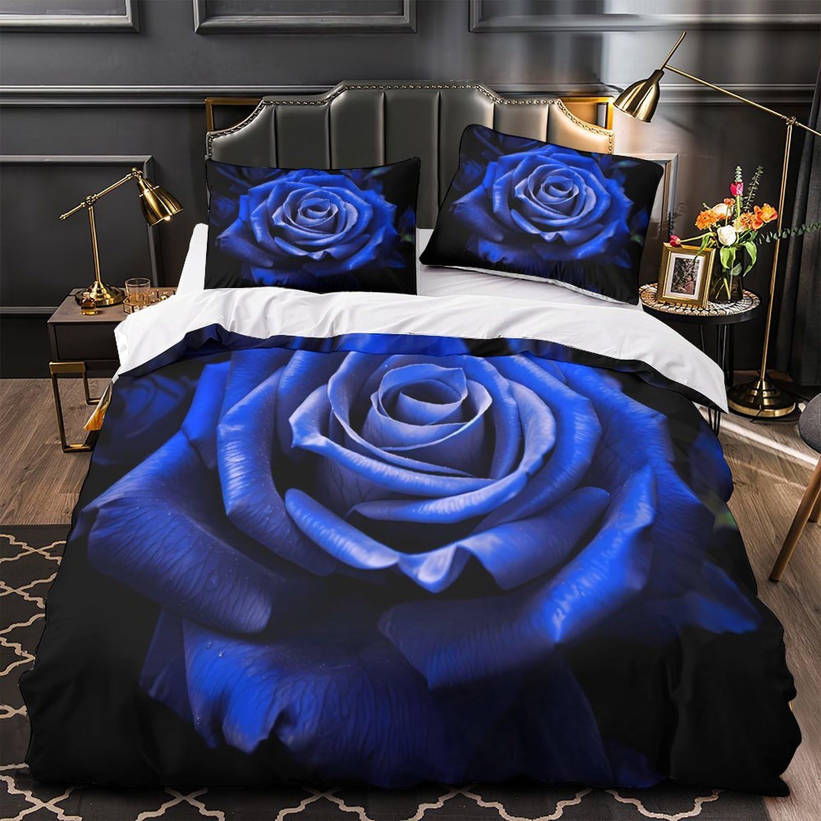Housse de couette fleurs bleues 220x240 cm lit King en microfibre