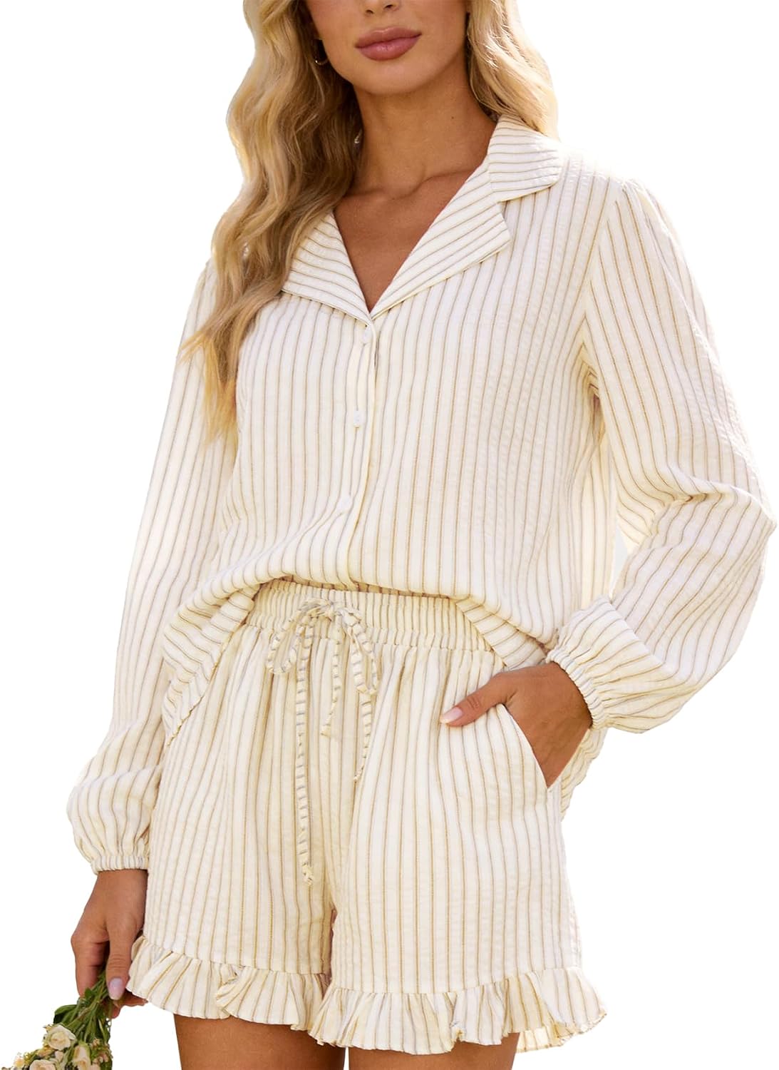 Flygo Womens Striped Ruffle Pajama Set Puff Sleeve Button Down Outfits Lounge Set 2 Piece Short Pants Pjs with Pockets