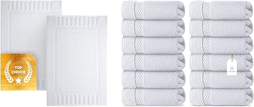 White Classic 2 tapetes de baño blancos de lujo de 22 x 34 y 12 toallas blancas de lujo de 13 x 13 pulgadas, algodón, altamente absorbentes y de