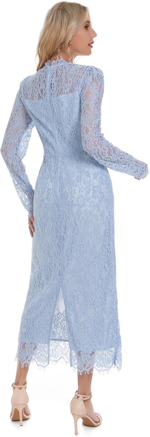 Women's Long Sleeve Lace Floral Elegant Cocktail Ocassion Party Midi Dress Wedding Guests Dress - Image 3