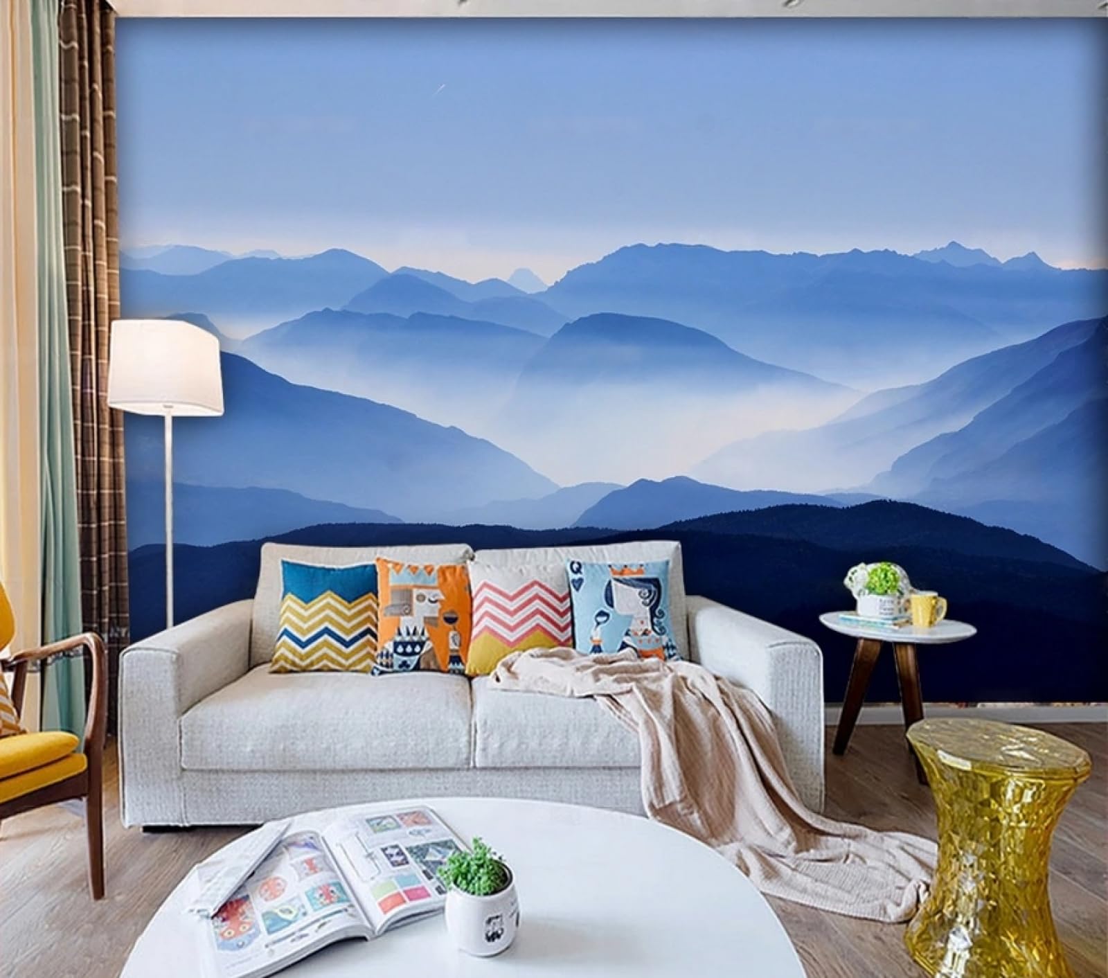 Carta da Parati Panoramica Intissato Montagne Blu,Paesaggio Naturale Wallpaper per Camera da Letto, Soggiorno 300x210cm