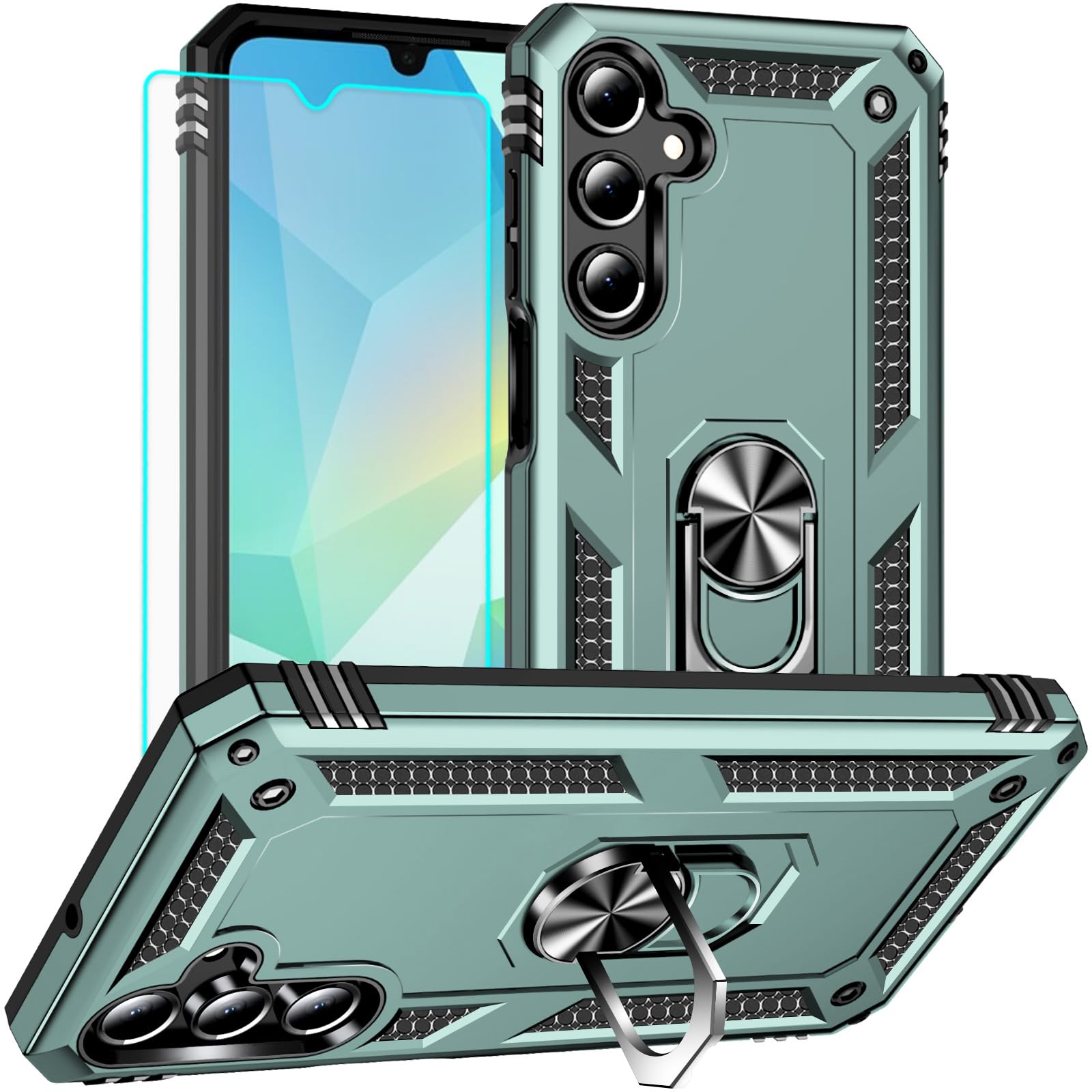 for Samsung Galaxy A16 5G Case: with Screen Protector - Military Grade Protective Cases with Finger Ring Holder Kickstand for Samsung A16 5G(Dark Green)
