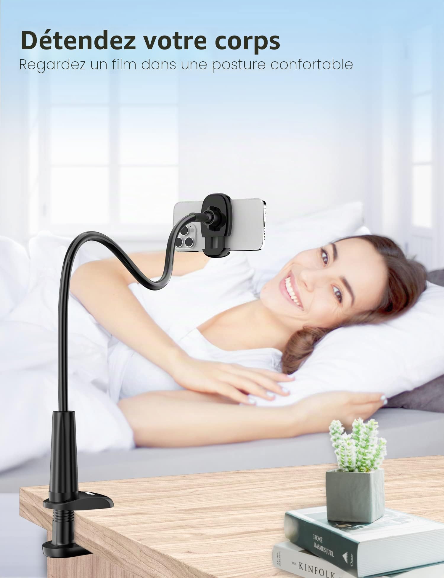 TRYONE Support téléphone avec col de Cygne de, Support de téléphone Pliable Rotation 360° Réglable pour iPhone Series/Samsung/Huawei/Google Pixel et Plus 76 cm de Longueur Totale