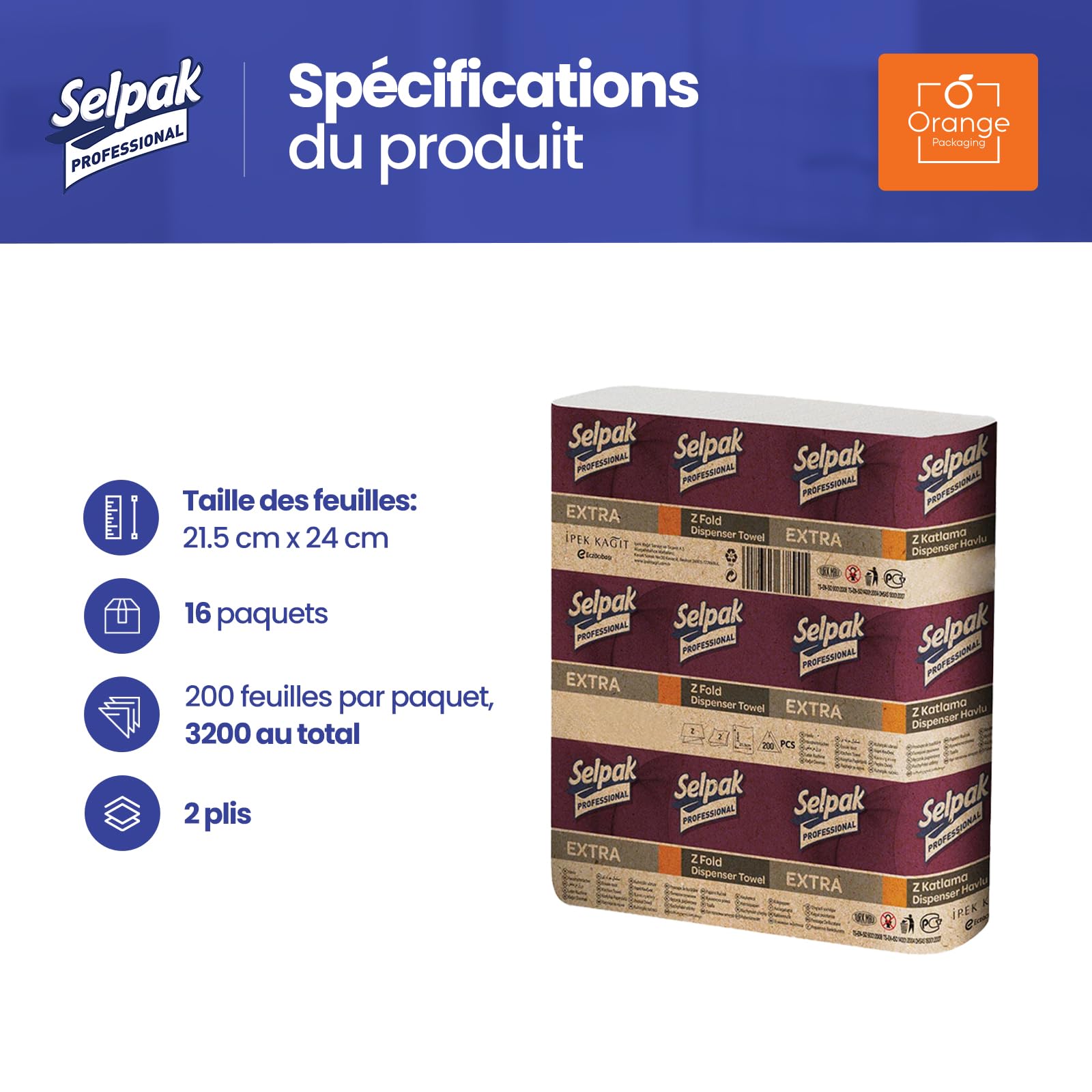 Selpak Serviettes en papier professionnelles pliées en Z – 3200 essuie-mains en papier multiplis – Serviettes jetables de 40,6 x 50,8 cm – Absorbantes – Serviette en papier douce de luxe