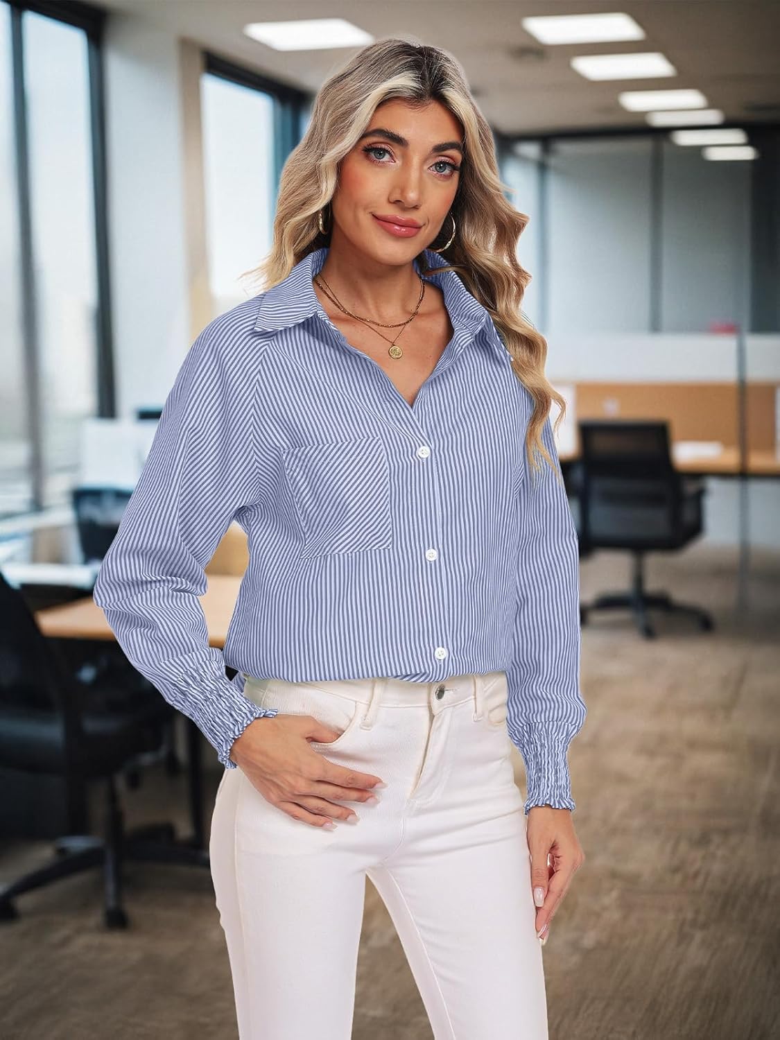 Feiersi Women's Button Down Shirts Long Sleeve Smocked Cuffed Striped Work Blouses Tops with Pocket Shirred - Image 6