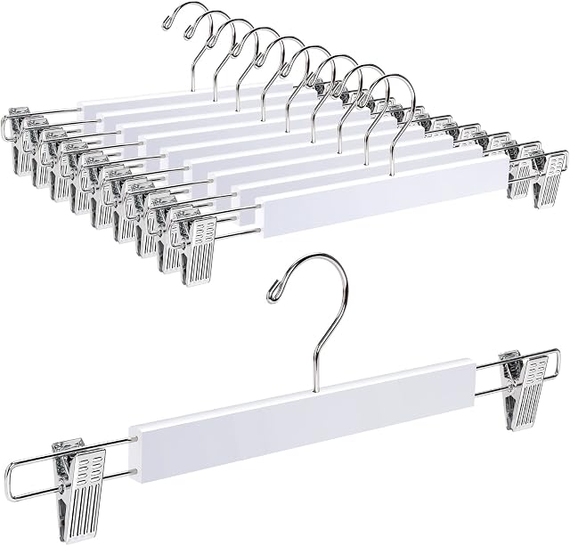 Amber Home 36cm White Wooden Pants Hangers 10pcs, Smooth Wood Skirt Hanger Organizer with Adjustable Anti-Slip Chrome Clips, Space Saving Solid Clothes Hangers Rack for Bottoms Jeans Slacks Trousers