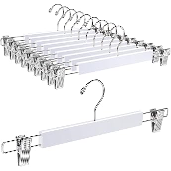 Amber Home Pack of 10 36 cm White Wooden Hangers Robust and Shiny Trouser Hangers for Trousers Shorts Skirt Socks Underwear with Non-Slip Clips and Rotating Hooks
