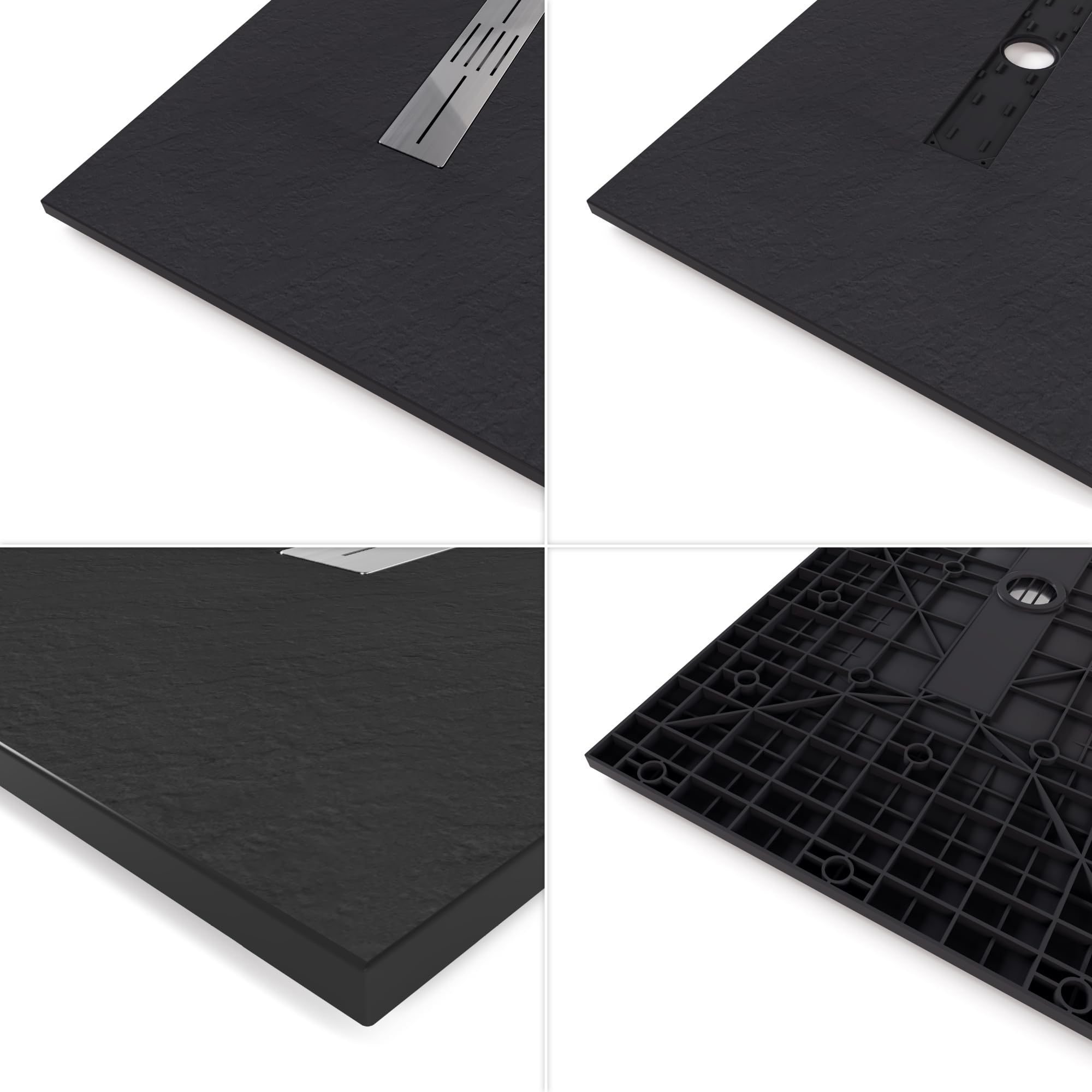 Plato de ducha Lumia 80x180 cm cm Negro RAL7021 - Antideslizante, Textura Pizarra, Resistente, Duradero, Fácil Limpiar - Incluye Sifón en el centro y Tapa en Acero Inoxidable