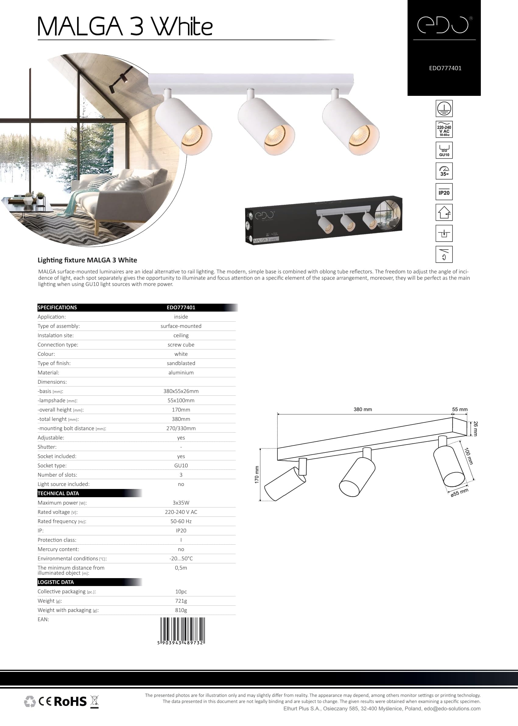 EDO Deckenstrahler GU10 MALGA, 3 Flammig, Deckenlampe Weiß, Drehbar Spotbalken, Deckenleuchte Schwenkbar, Wandlampe Innen, Wandstrahler, Spot, Downlight, Lampe für Schlafzimmer, Küche, Wohnzimmer