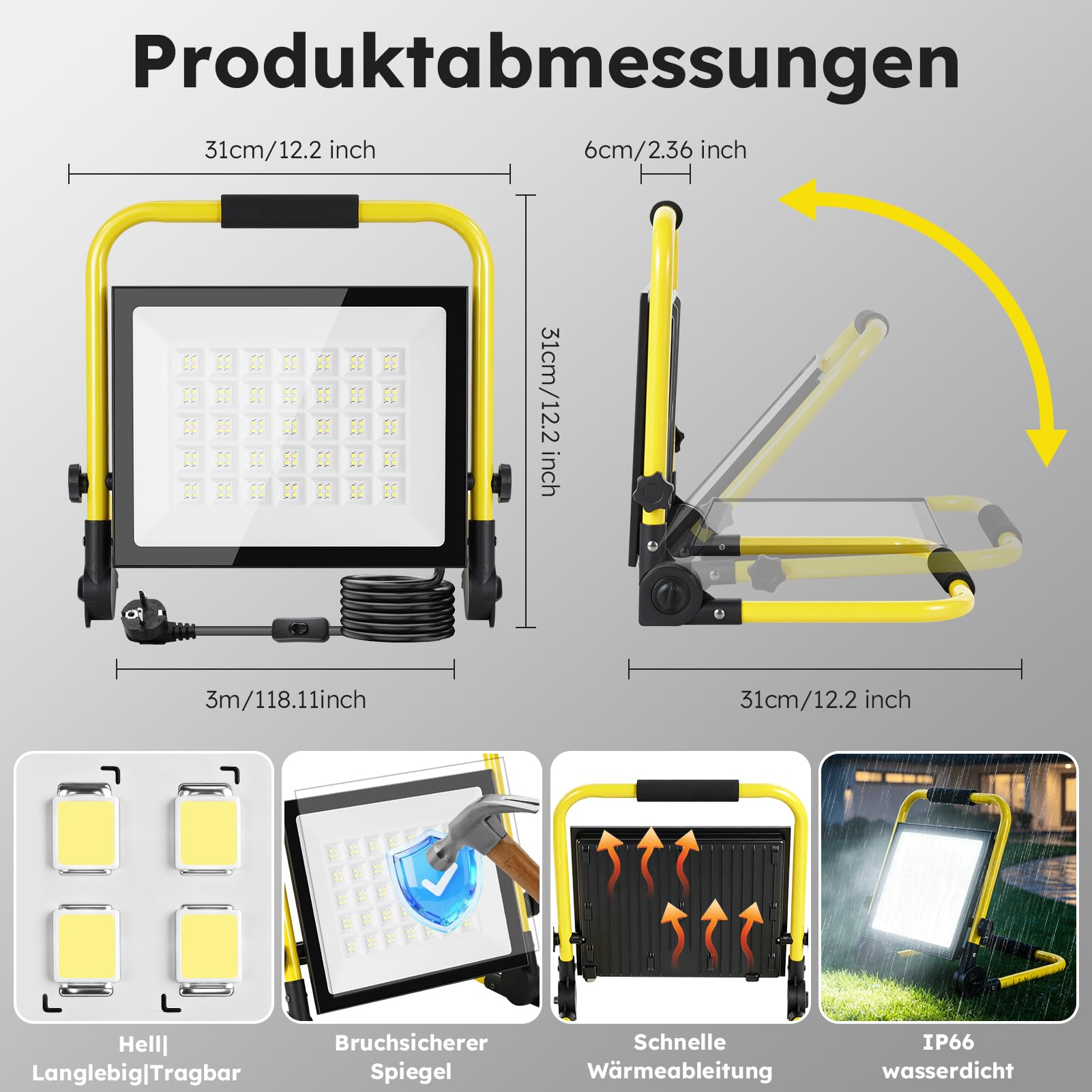 Reflektor LED budowlany 200 W, 22000 lm, 6500 K, zimna biel, 3 poziomy
