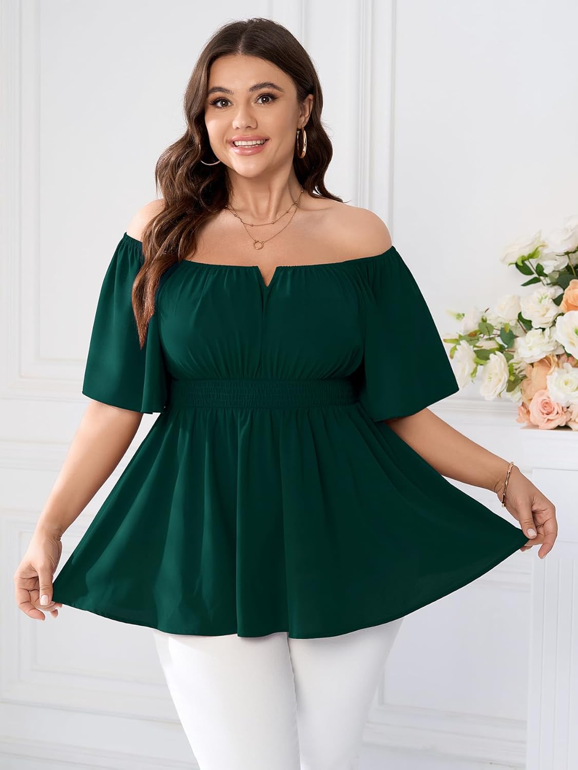 SCOMCHIC Womens Plus Size Peplum Tops Off The Shoulder Blouses Smocked Ruffle Babydoll Summer Top - Image 5