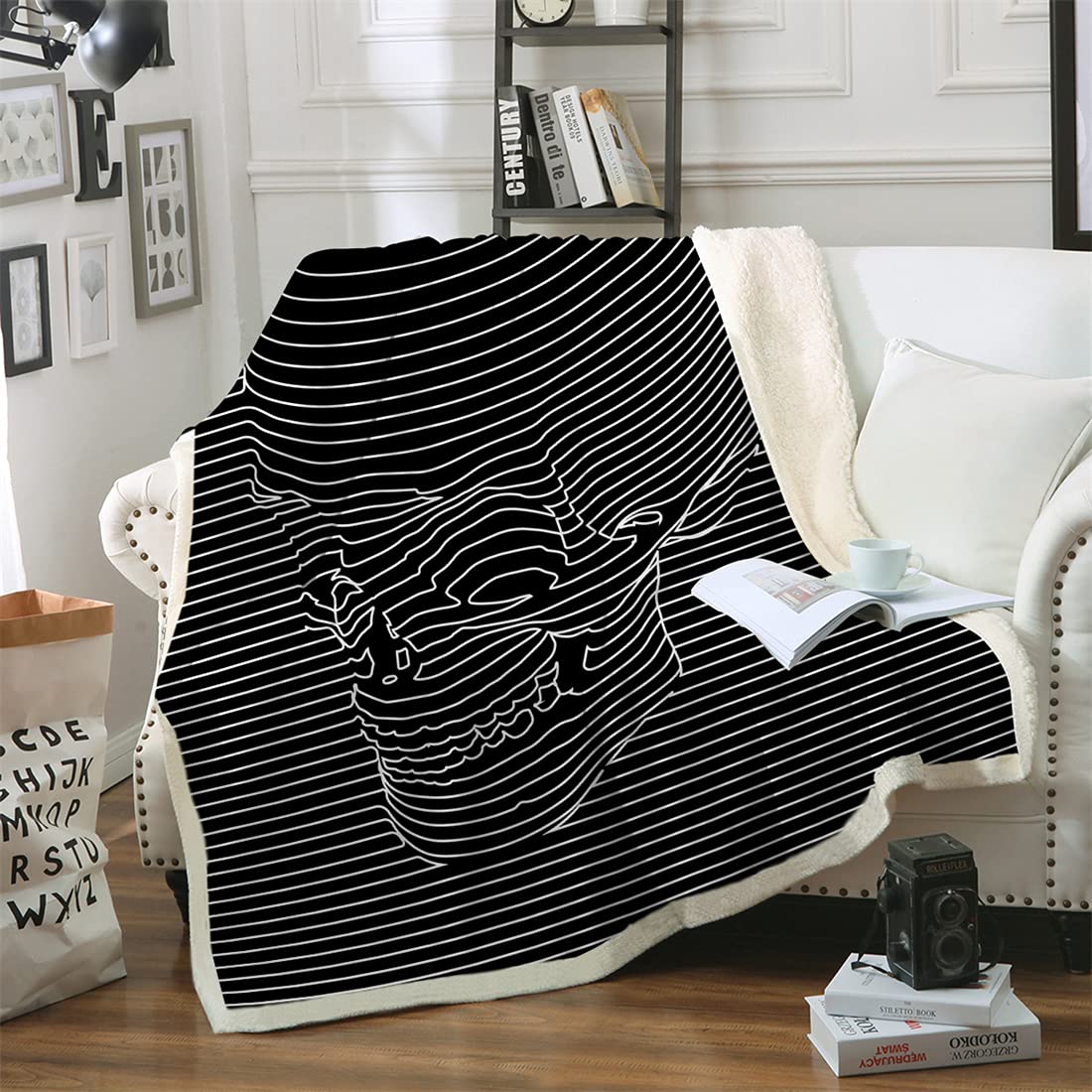 Coperta in pile con teschio a righe bianche con stampa a teschio, in morbido tessuto 3D, per bambini, uomini, donne, 150 x 200 cm