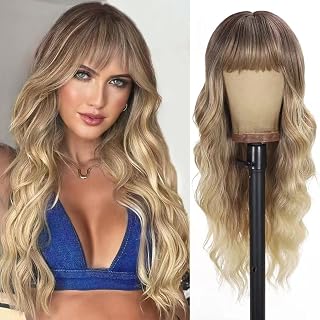 UNNYMGER Ombre Blonde Long Curly Wavy Wig with Bangs & Brown Roots - 26 Inch Skin-Friendly Synthetic Wig for Women, Festivals & Holidays