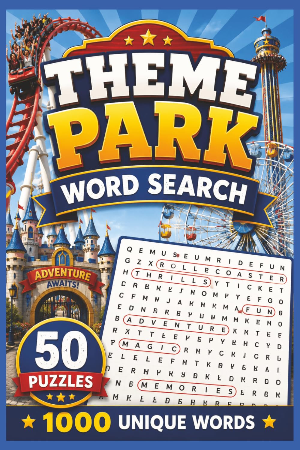 Theme Park Word Search: 50 Fun Puzzles with 1,000 Theme Park Words for All Ages