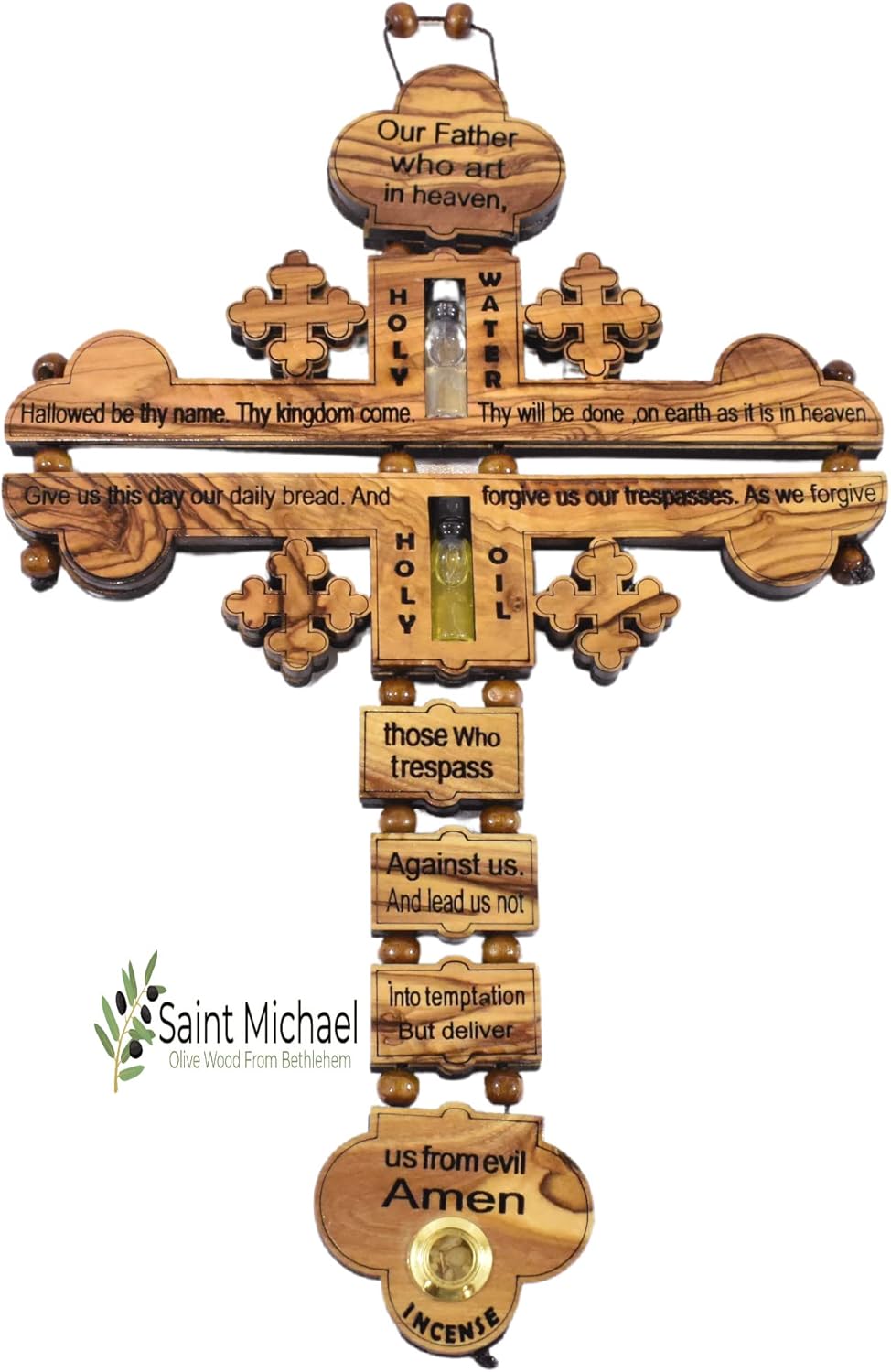 SAINT MICHAEL OLIVE WOOD FROM BETHLEHEM The Lord Prayer Our Father Prayer Wooden Wall Cross - Wall Hanging Religious Décor with The Lord's Prayer Cross, with Holy Water, Holy Oil