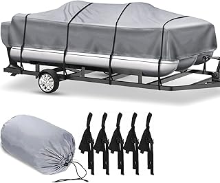 Heavy Duty Pontoon Boat Cover, 600D 100% Waterproof Marine Grade Polyester Pontoon Cover,Adjustable 12 Tire-Down Straps (Grey,Length:17'-20' Beam Width: up to 102")