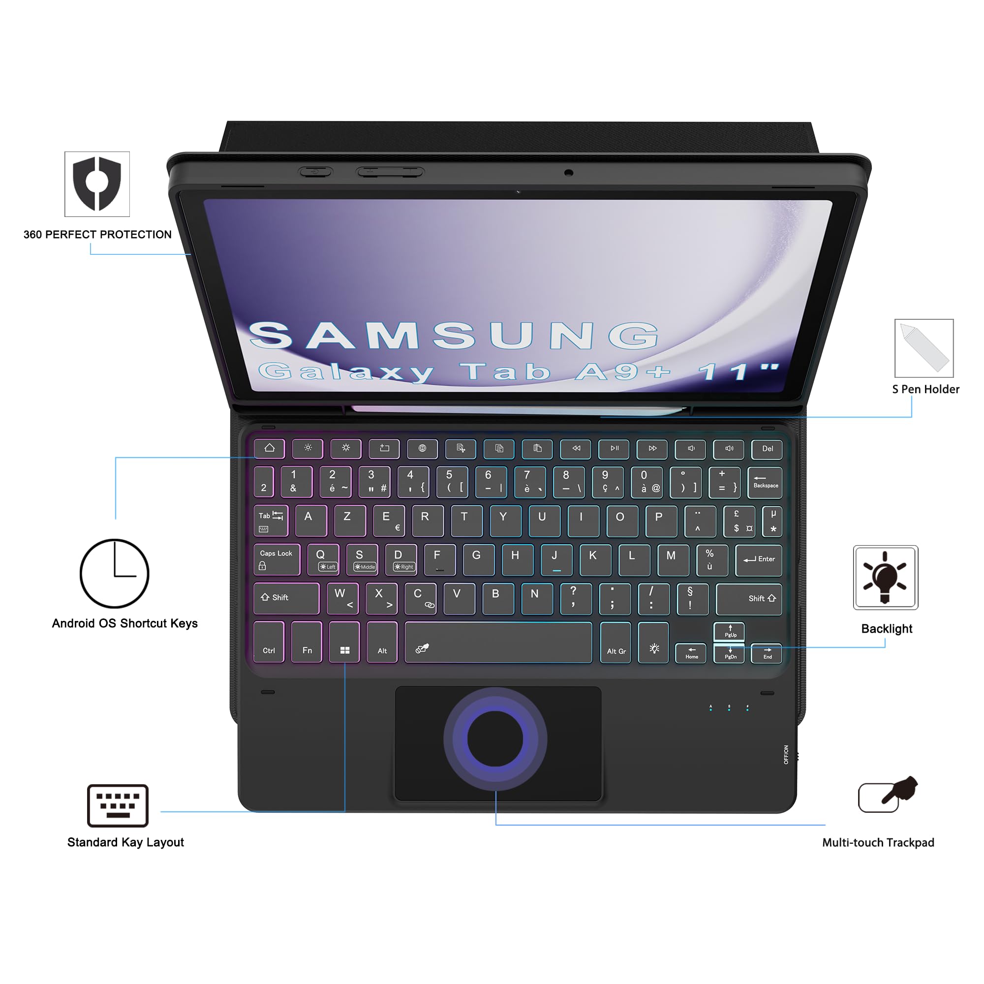 pour Samsung Galaxy Tab A9+ 11 pouces Étui avec clavier détachable - français AZERTY, Clavier rétroéclairé 3 zones 7 couleurs DIY avec pavé tactile - Étui clavier pour Galaxy Tab A9 Plus 11" 2023