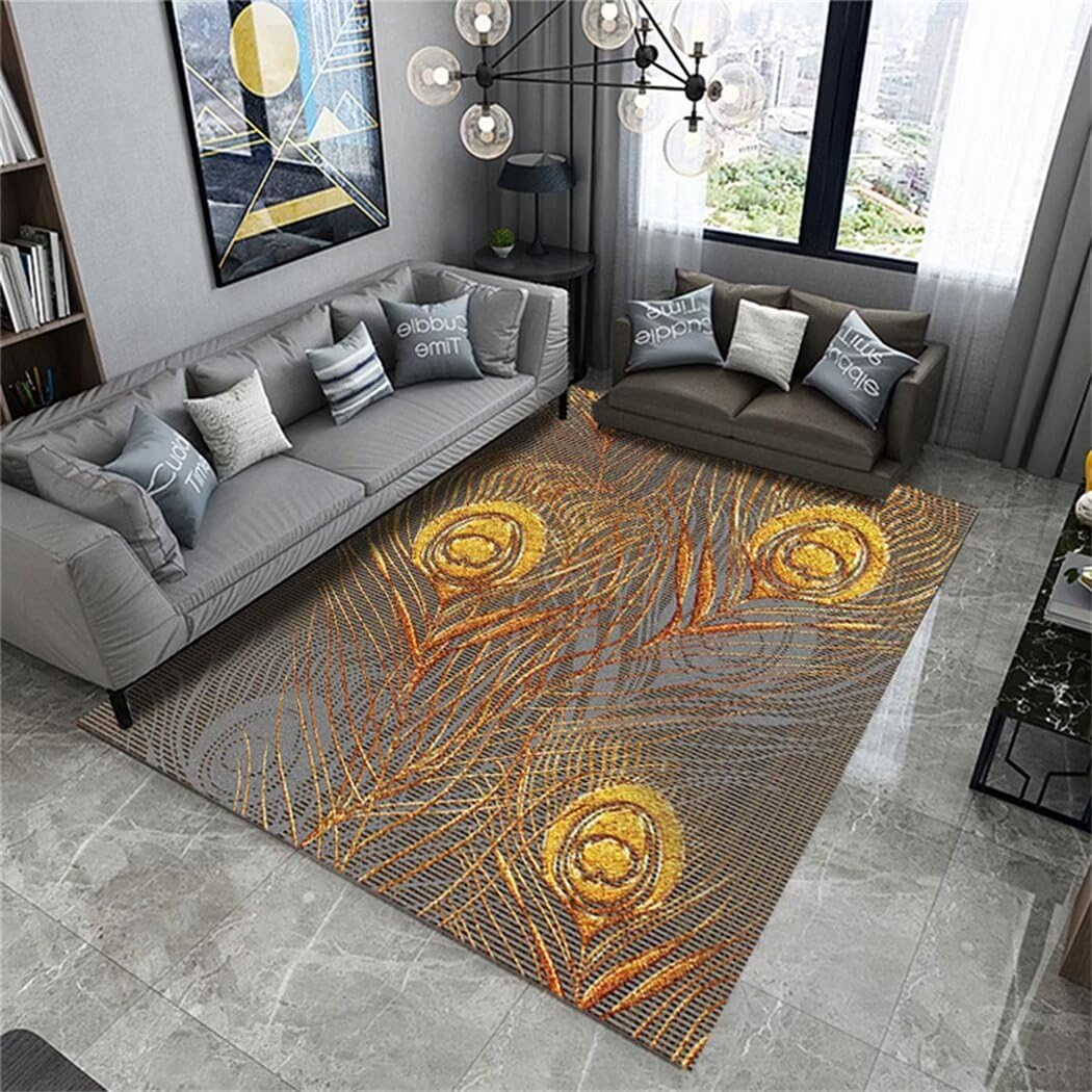 Tapis de salon gris 160x240cm avec motif de plumes dorées chic