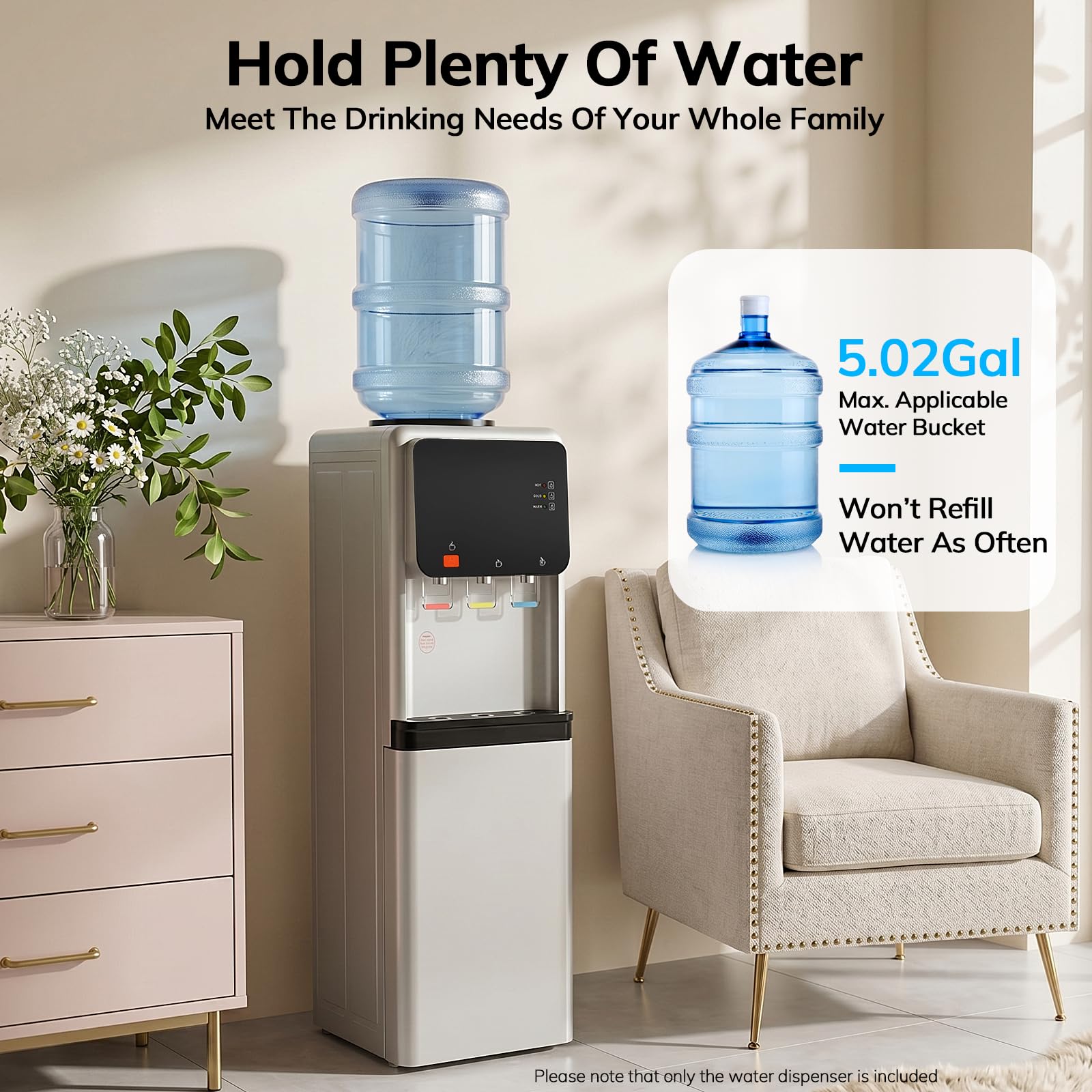500w Wasserspender, Bodenstehender Wasserspender 3 Temperatureinstellungen, Water Dispenser Trinkwasserspender Für Hause Büro, Oben Beladener, Silber