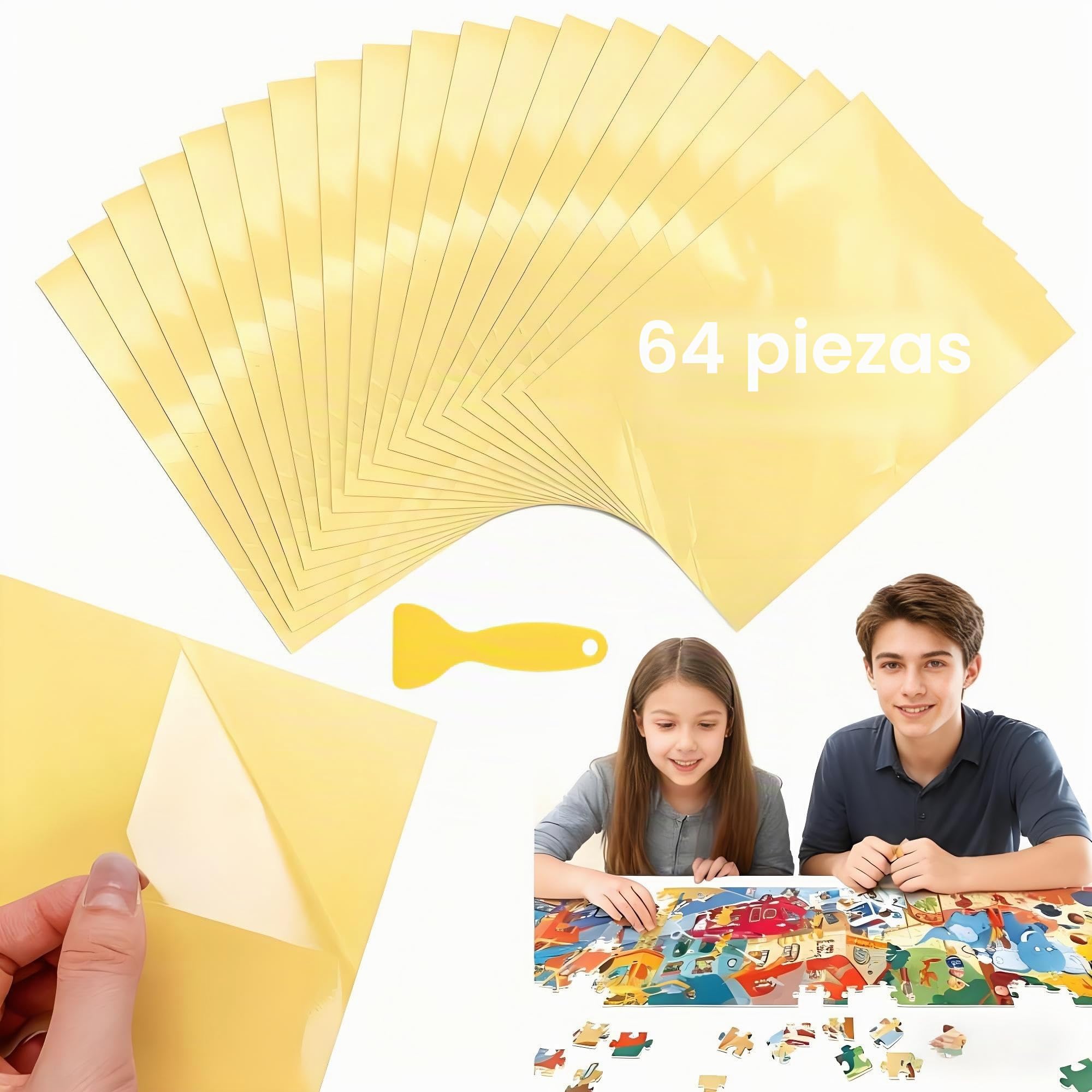 64 Hojas Pegamento para Puzzle Cola para Puzzle Papel Adhesivo Doble Cara Lámina Autoadhesiva Rompecabezas Apto para 8×1000 Piezas de Puzzles Fotos y Postales(25 × 18 cm)