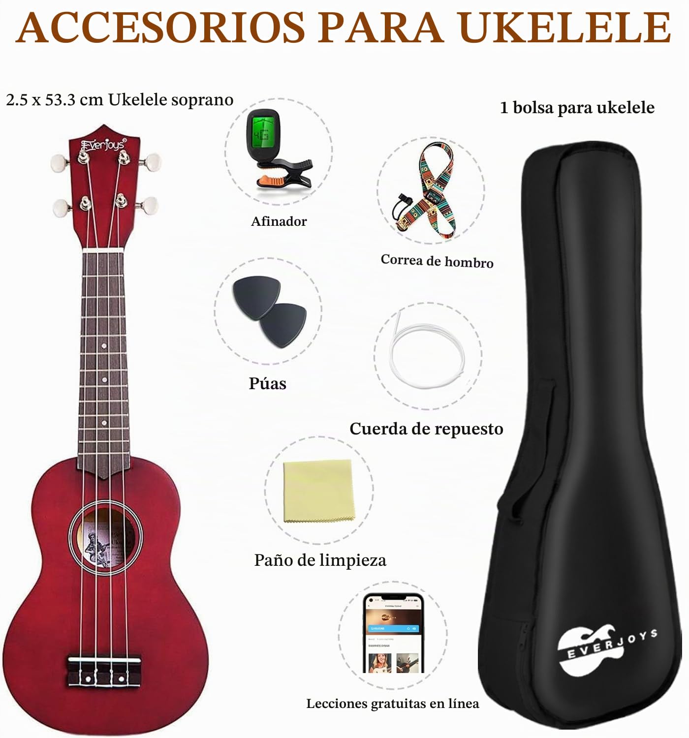 Ukelele Soprano, Principiantes Ukulele Kit 21 Pulgadas, Hawaiano Uqueleles con Bolsa, Afinador, Correa, Todo en un solo juego