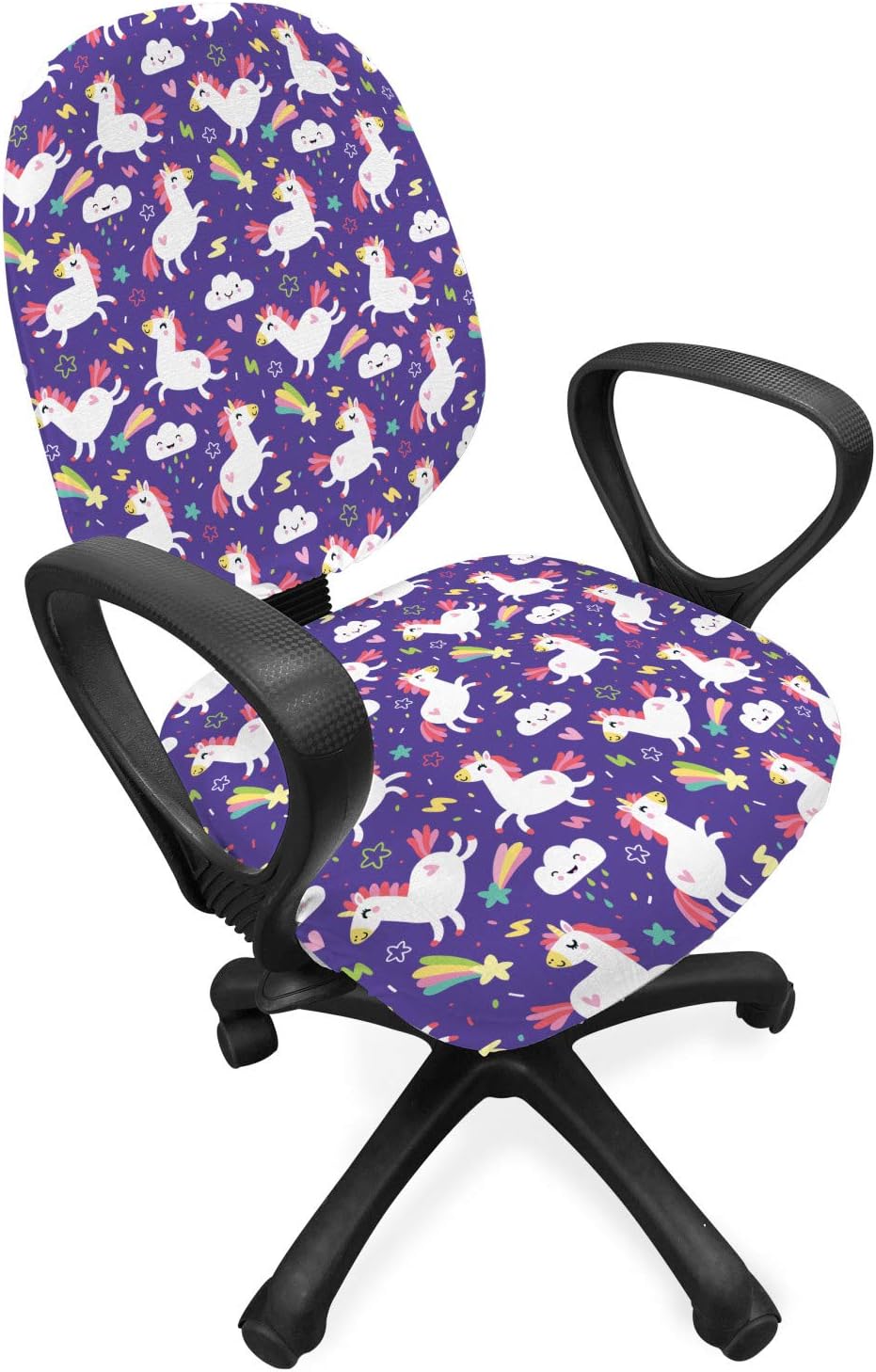 Ambesonne Unicorn Office Chair Slipcover, Theme Kawaii Style Inspired Clouds Hearts Rainbows Pattern, Protective Stretch Decorative Fabric Cover, Standard Size, Indigo Multicolor