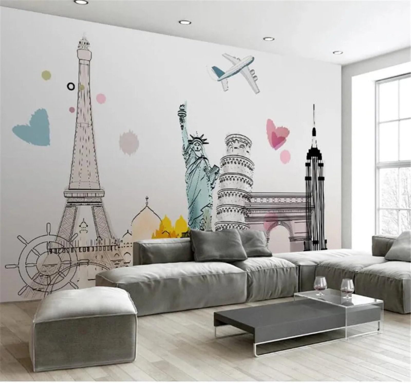 Tzxztt 430Cm×300Cm(B×H) Minimalist Hand Drawn Tower Aeroplane Architecture Modern 3D Wallpaper Premium Textured Silk Neutral Tones Material Ideal For Living Room Bedroom-430Cm×300Cm
