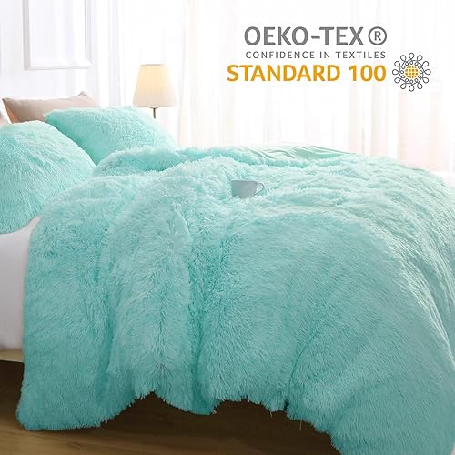 Miniatura 3 de Sasttie Juego de funda de edredón mullida tamaño Queen, 3 piezas, funda de edredón de franela verde de felpa de piel sintética con cierre de