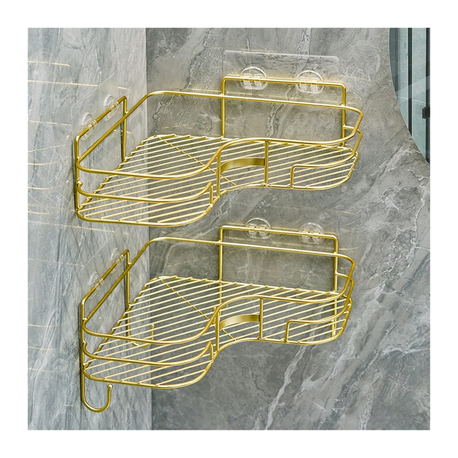 Ripiano per doccia Mensole portaoggetti in metallo a parete con ganci da bagno Organizer(Gold)